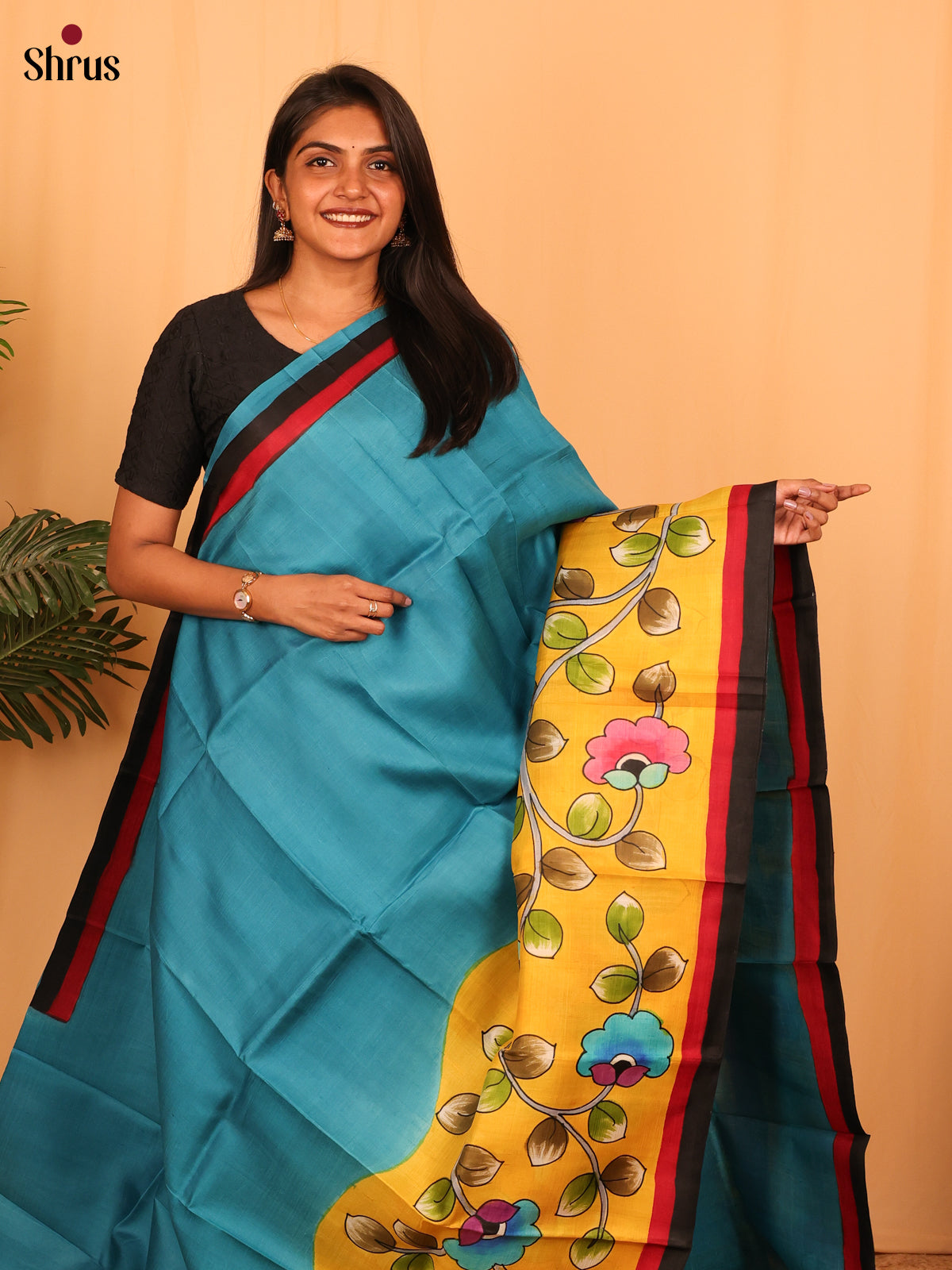 Blue & Yellow - Murshidabad Silk Saree - Shop on Shrus.com