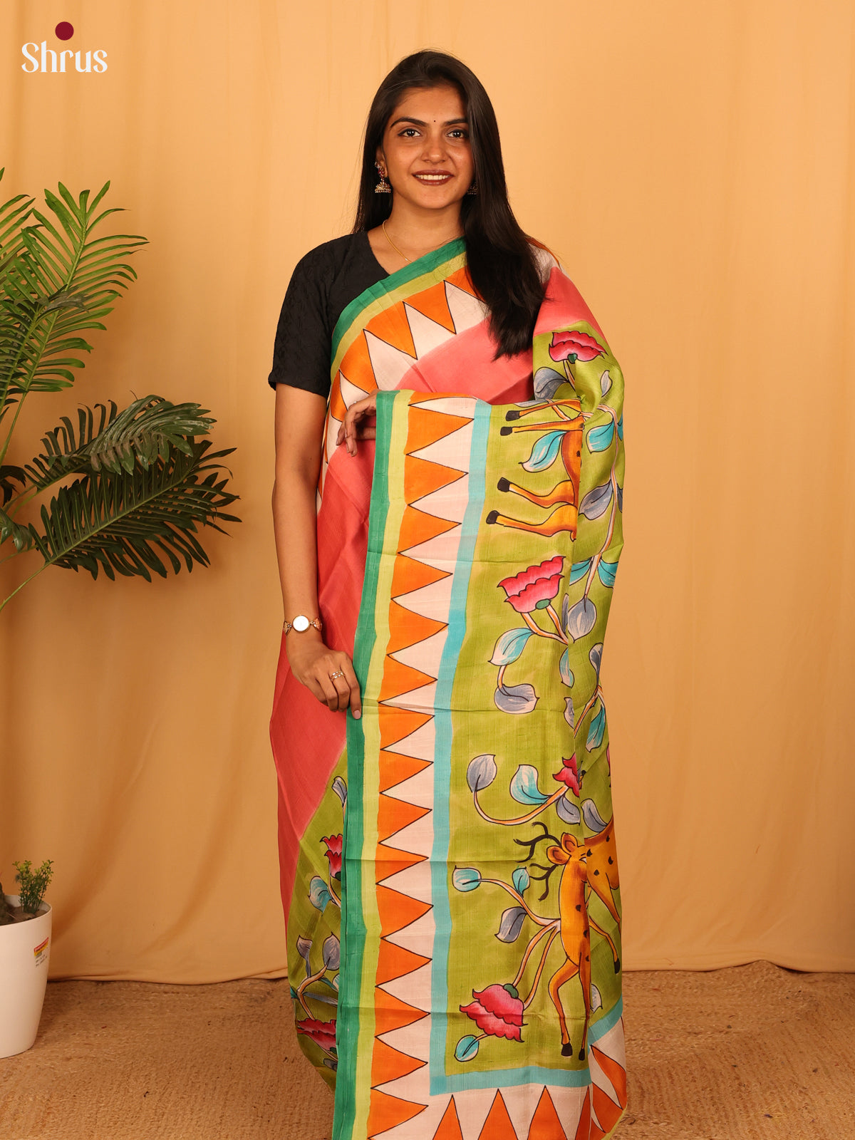 Peach & Green - Murshidabad Silk Saree - Shop on Shrus.com