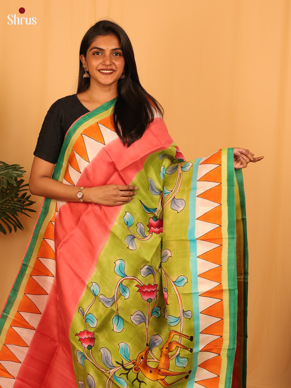 Peach & Green - Murshidabad Silk Saree - Shop on Shrus.com