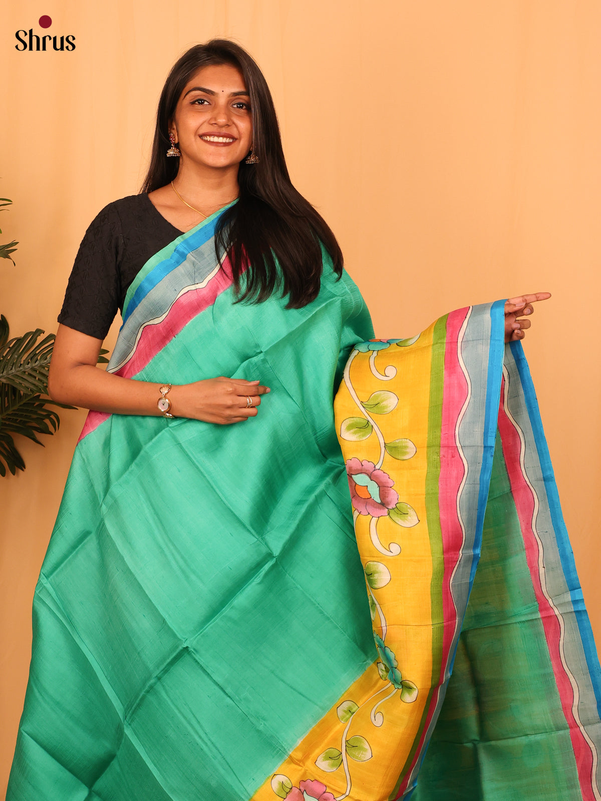 Green & Yellow - Murshidabad Silk Saree-1