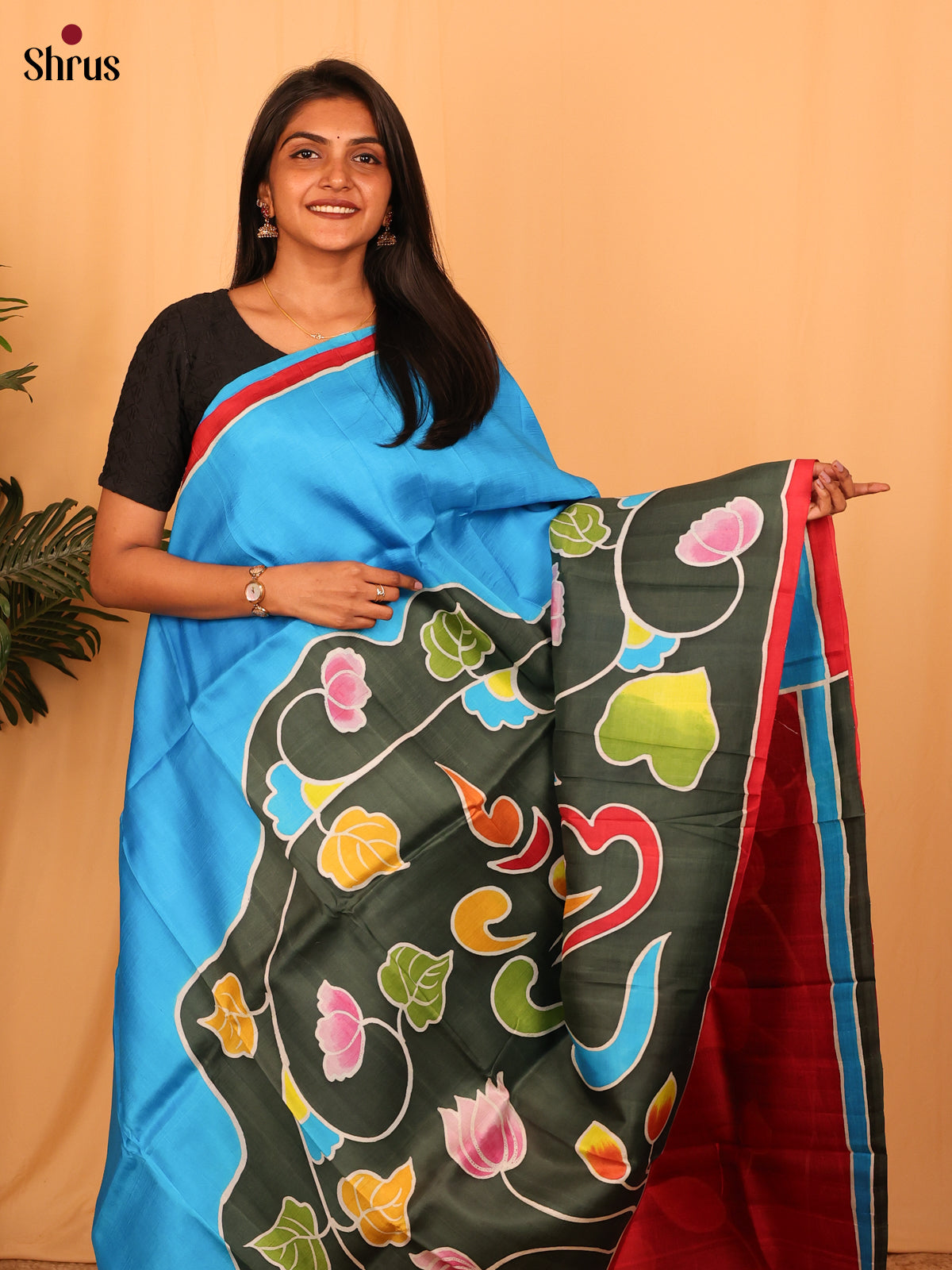 Blue & Red - Murshidabad Silk Saree-1