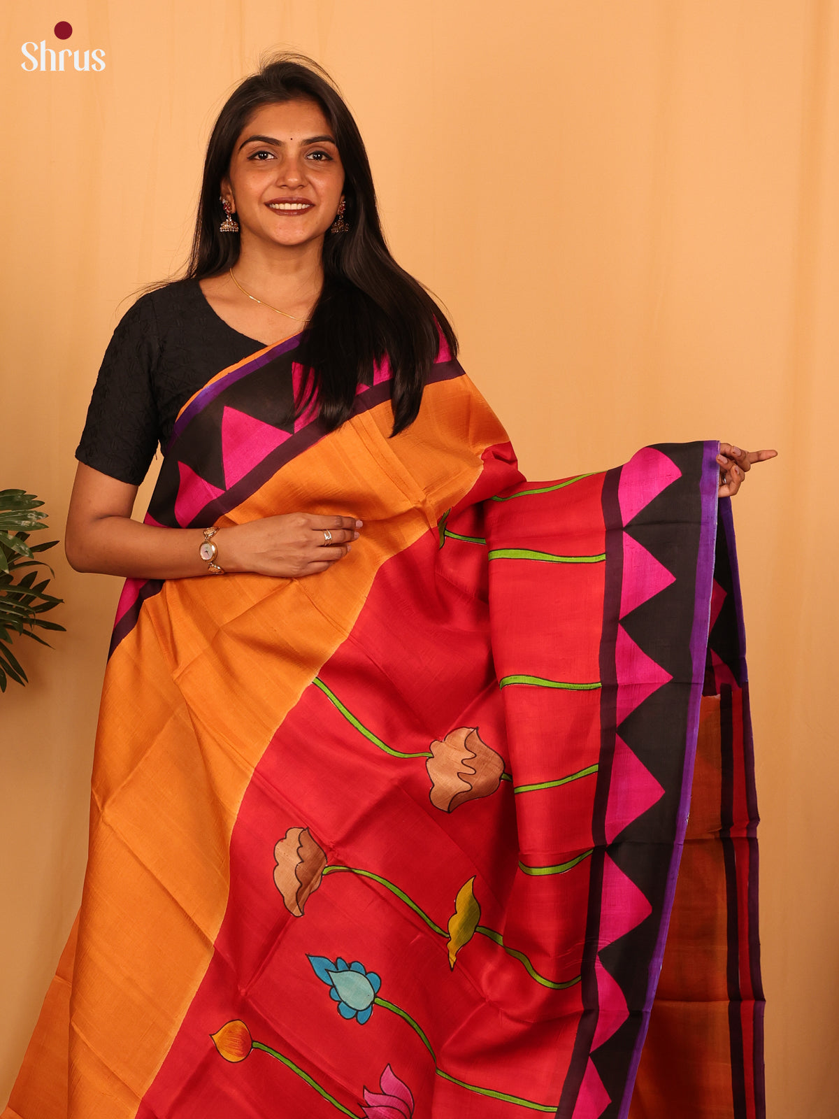 Orange & Red - Murshidabad Silk Saree - Shop on Shrus.com