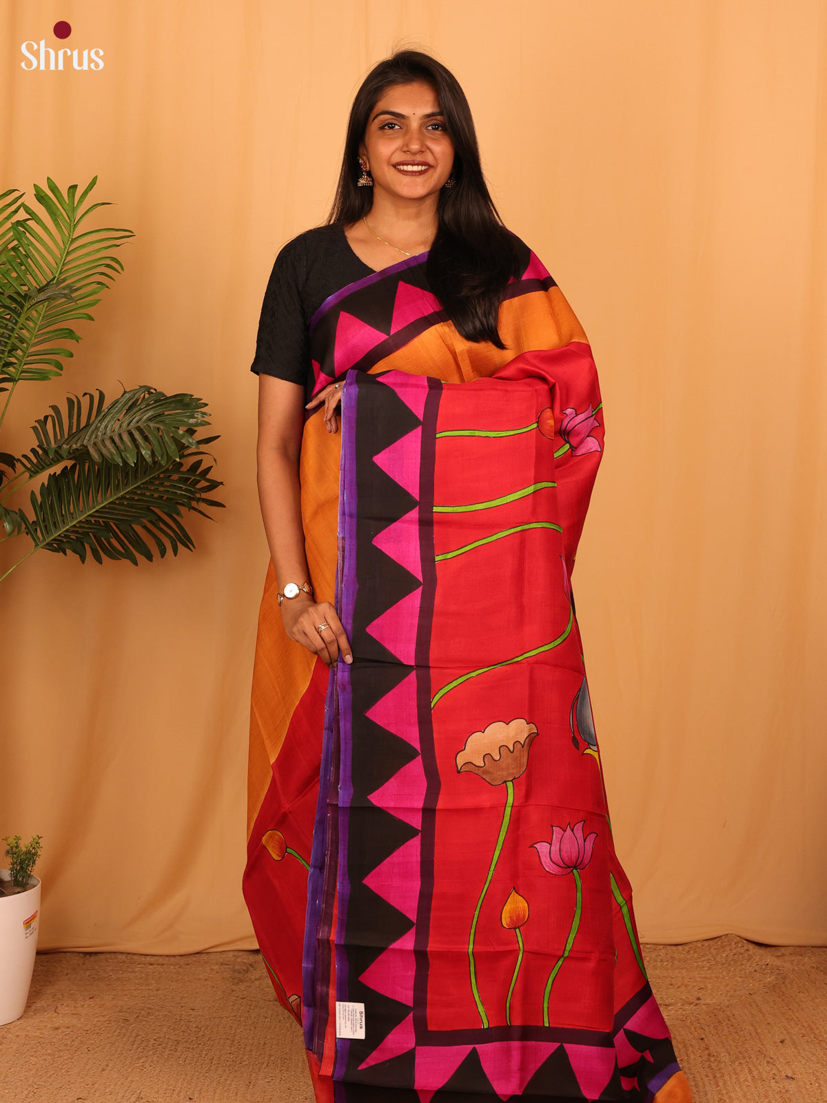 Orange & Red - Murshidabad Silk Saree - Shop on Shrus.com