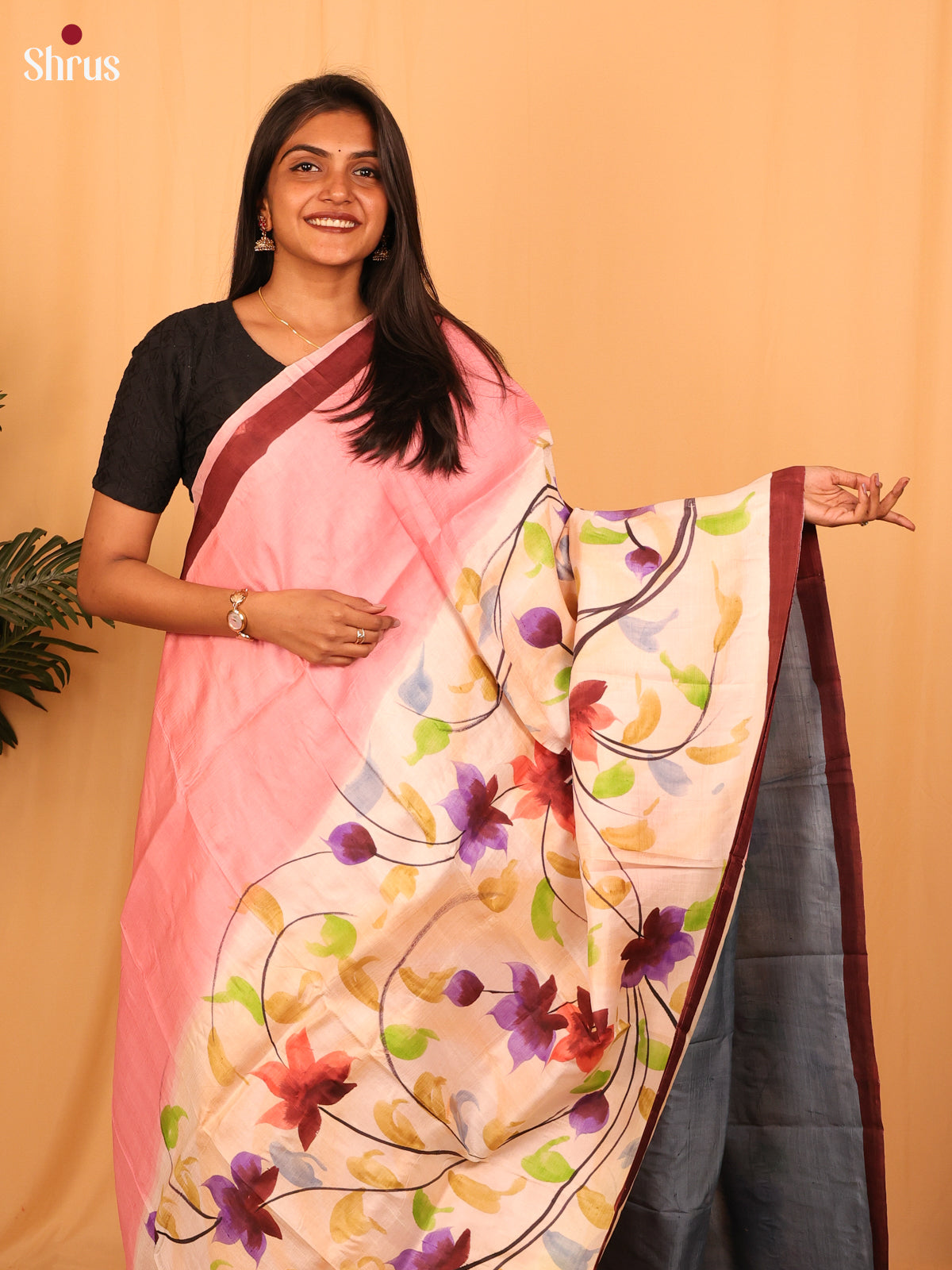 Pink & Grey - Murshidabad Silk Saree - Shop on Shrus.com