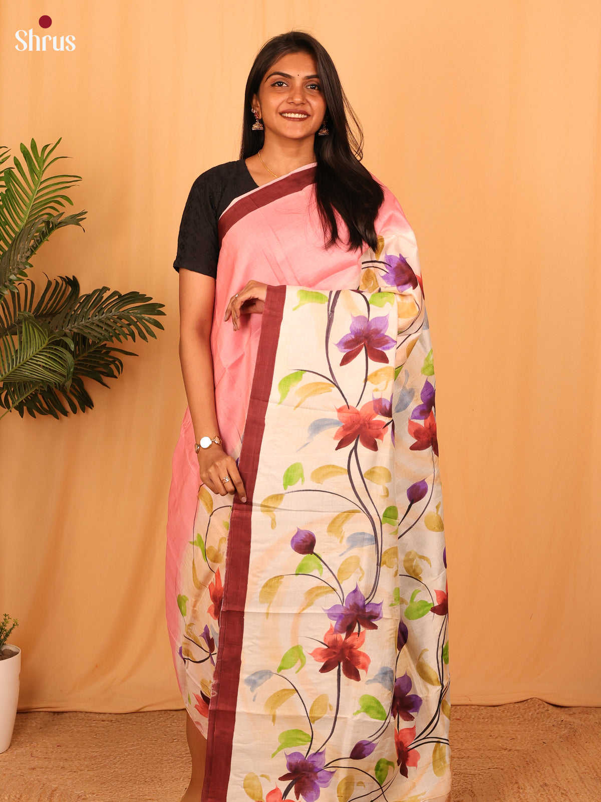 Pink & Grey - Murshidabad Silk Saree - Shop on Shrus.com