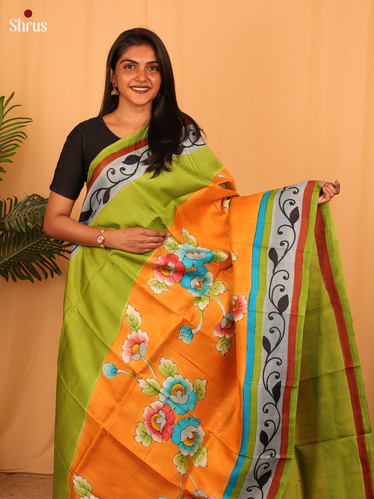 Green & Orange - Murshidabad Silk Saree-1