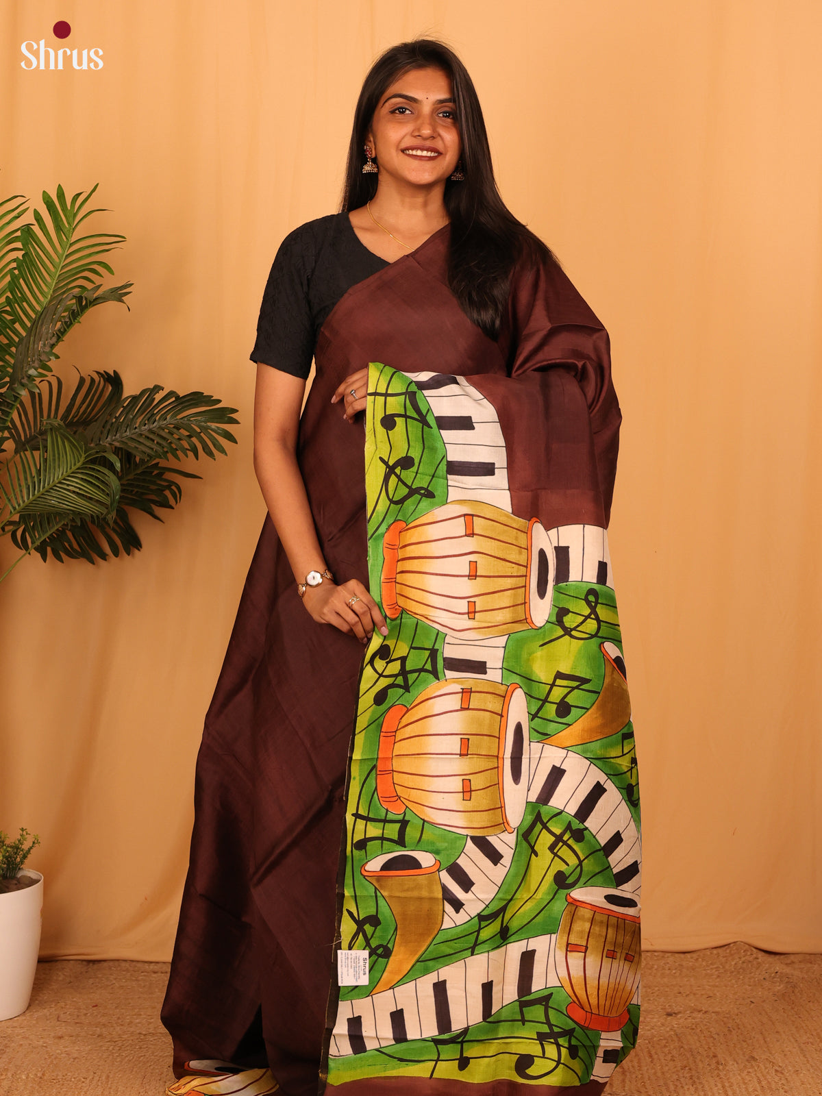 Brown & Yellow - Murshidabad Silk Saree - Shop on Shrus.com