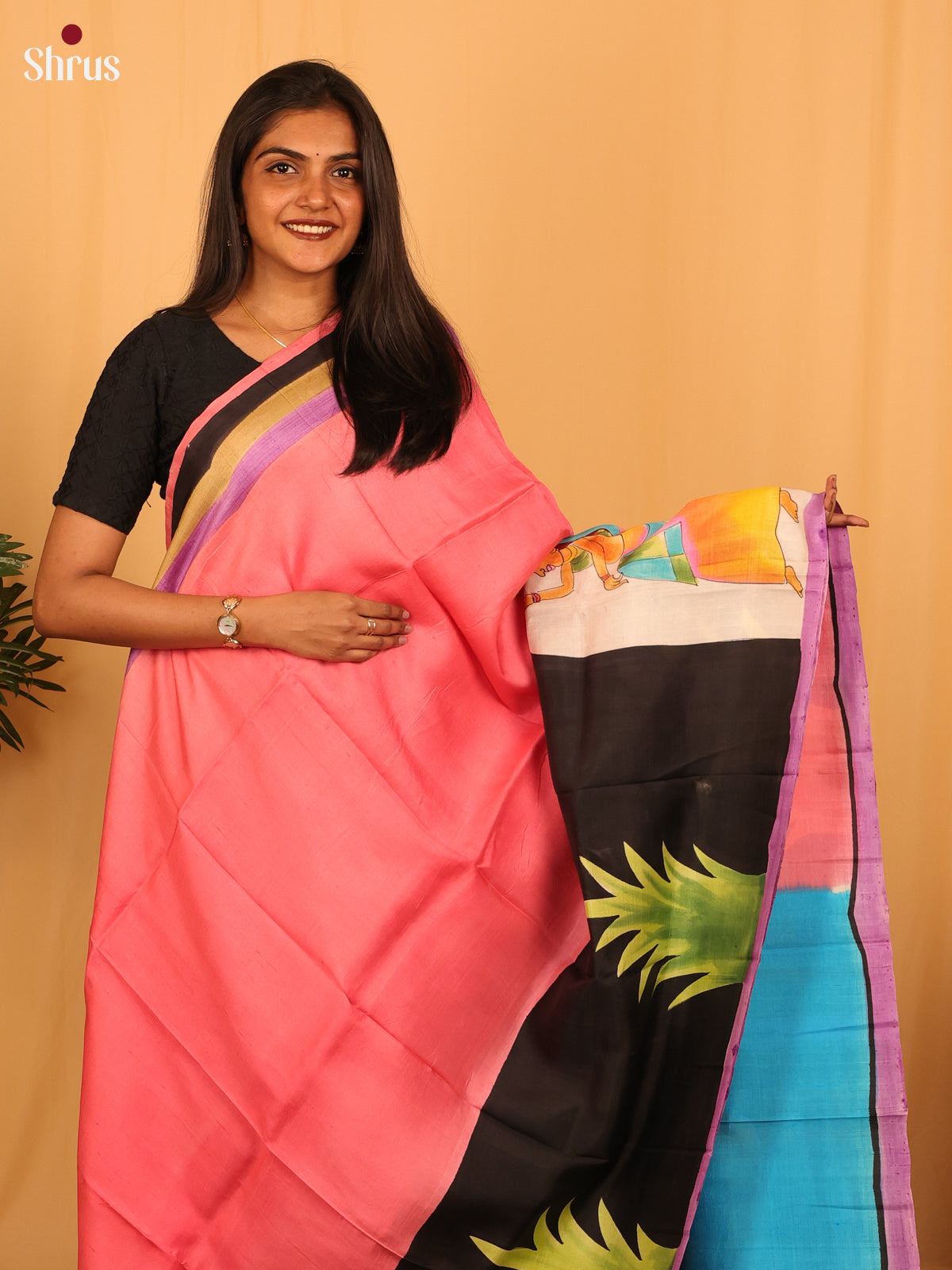 Pink & Blue - Murshidabad Silk Saree - Shop on Shrus.com