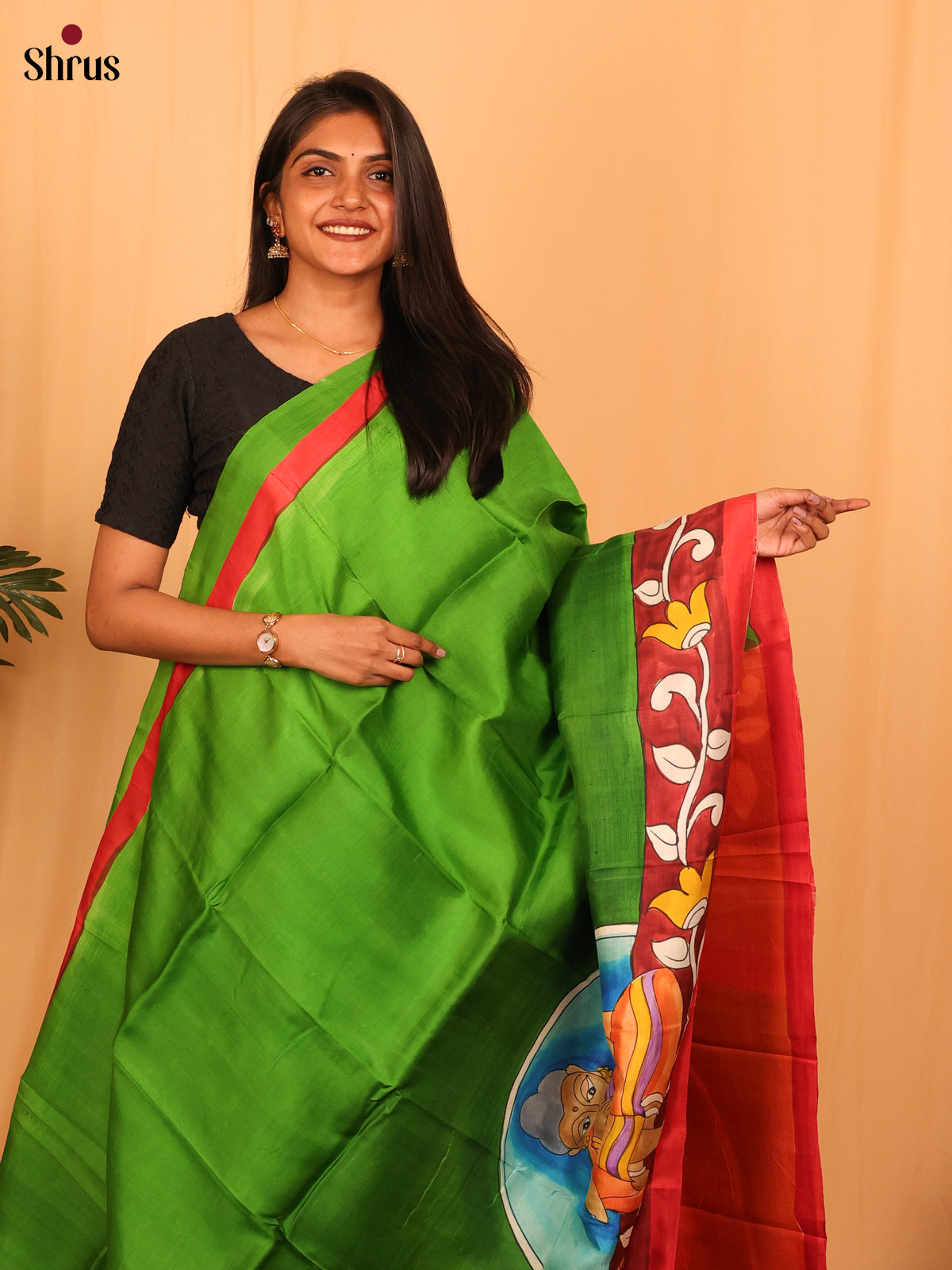 Green & Orange - Murshidabad Silk Saree-1