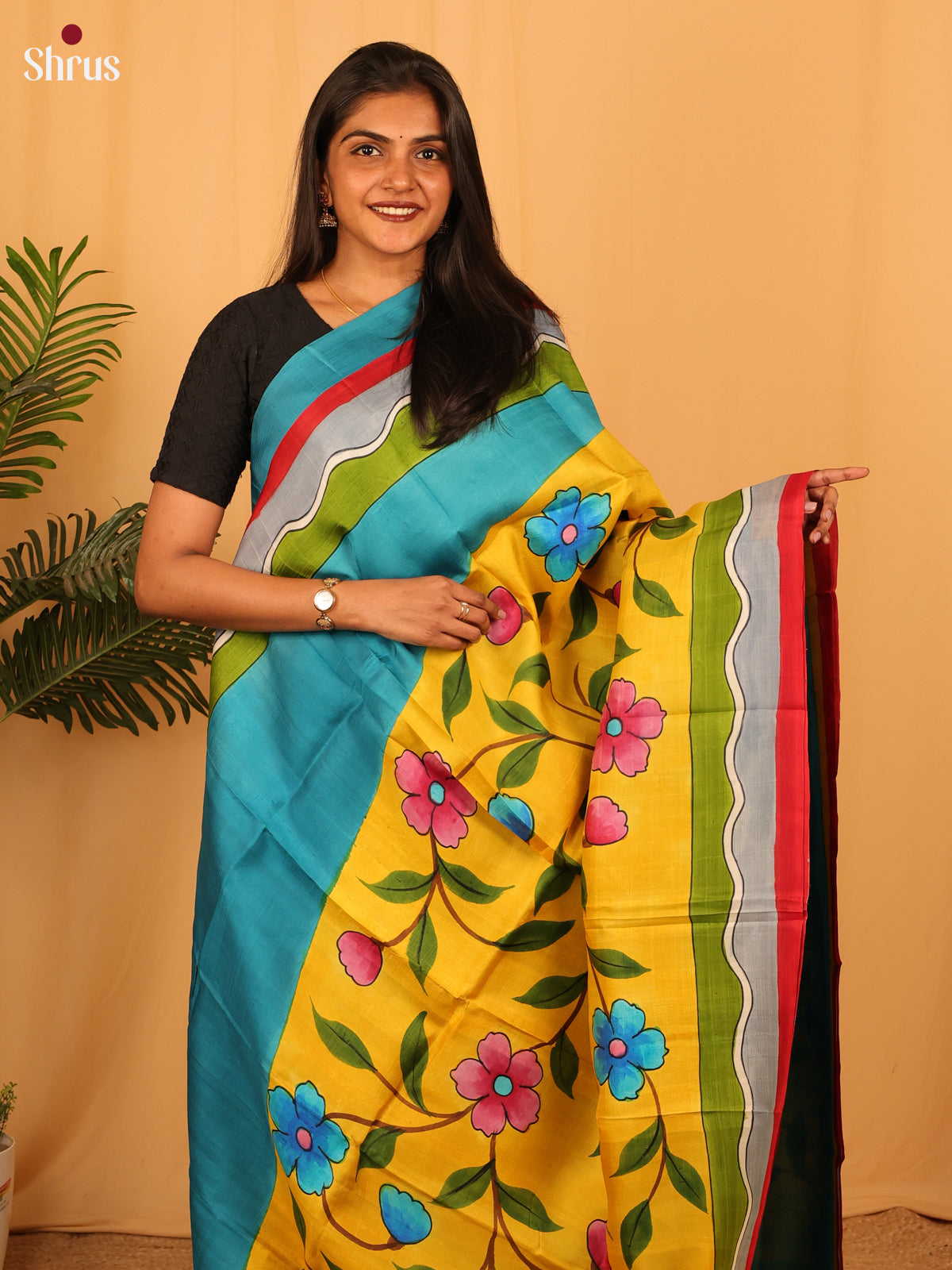 blue & Yellow - Murshidabad Silk Saree - Shop on Shrus.com