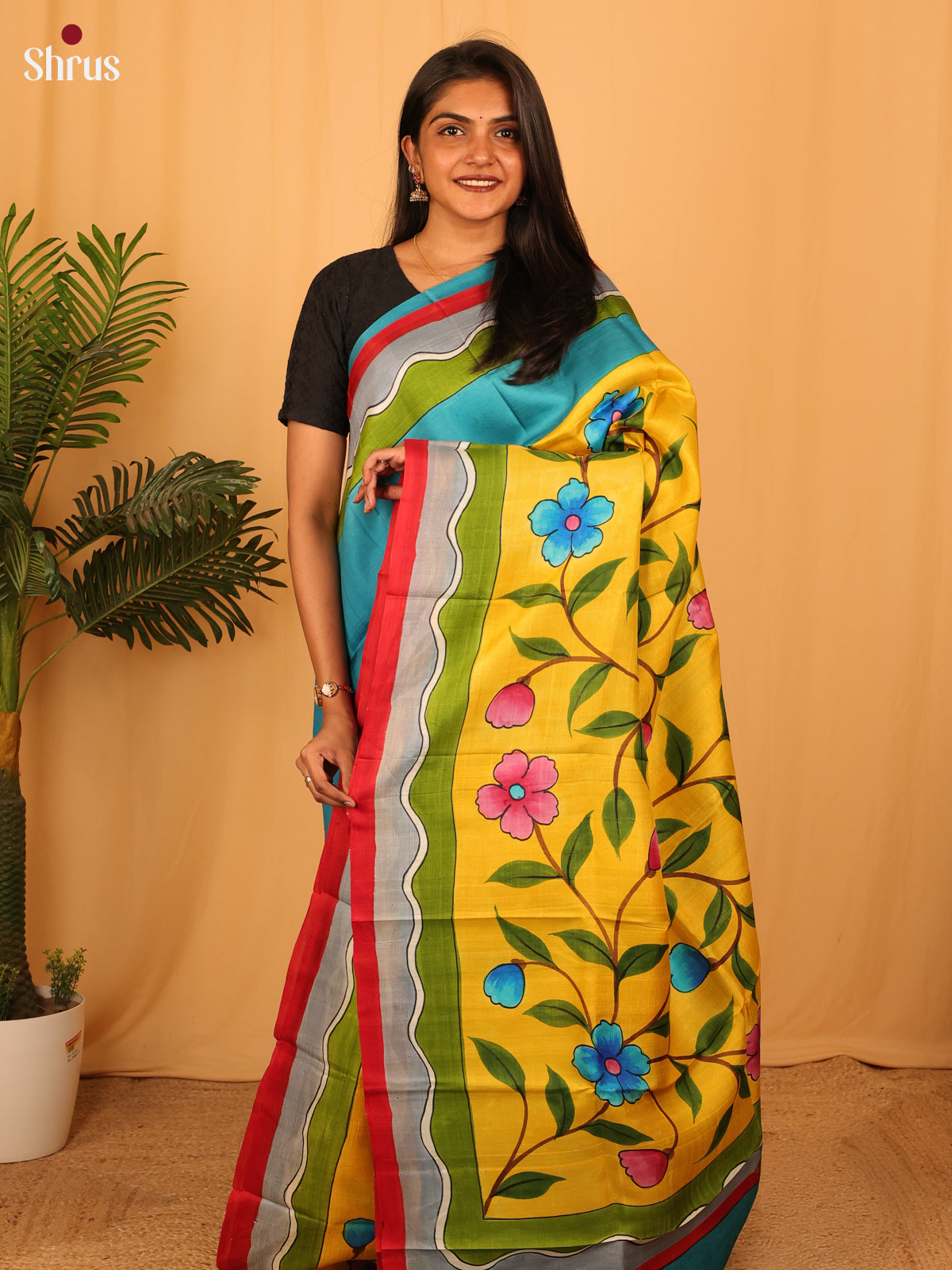 blue & Yellow - Murshidabad Silk Saree - Shop on Shrus.com