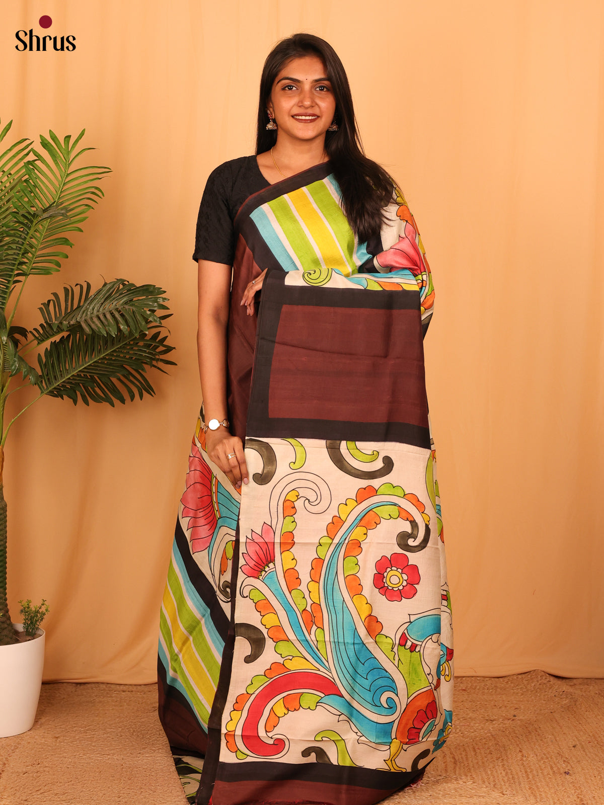 Brown & Red - Murshidabad Silk Saree - Shop on Shrus.com