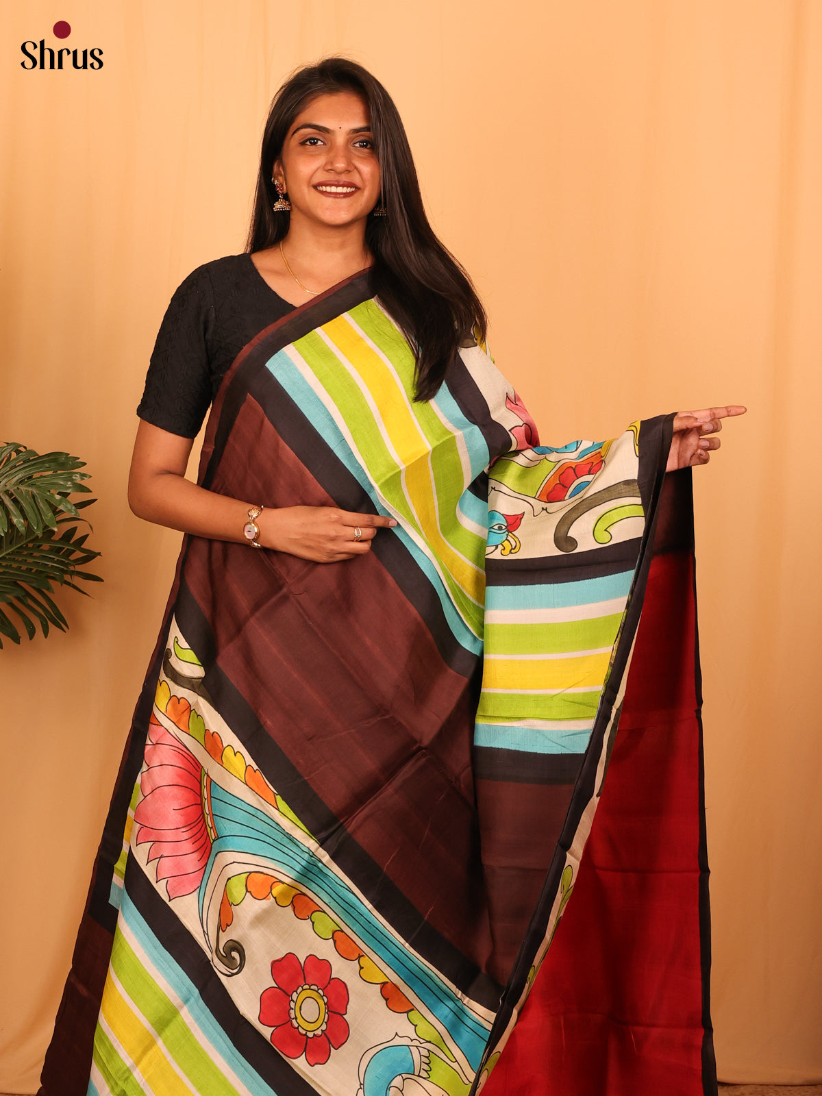 Brown & Red - Murshidabad Silk Saree - Shop on Shrus.com