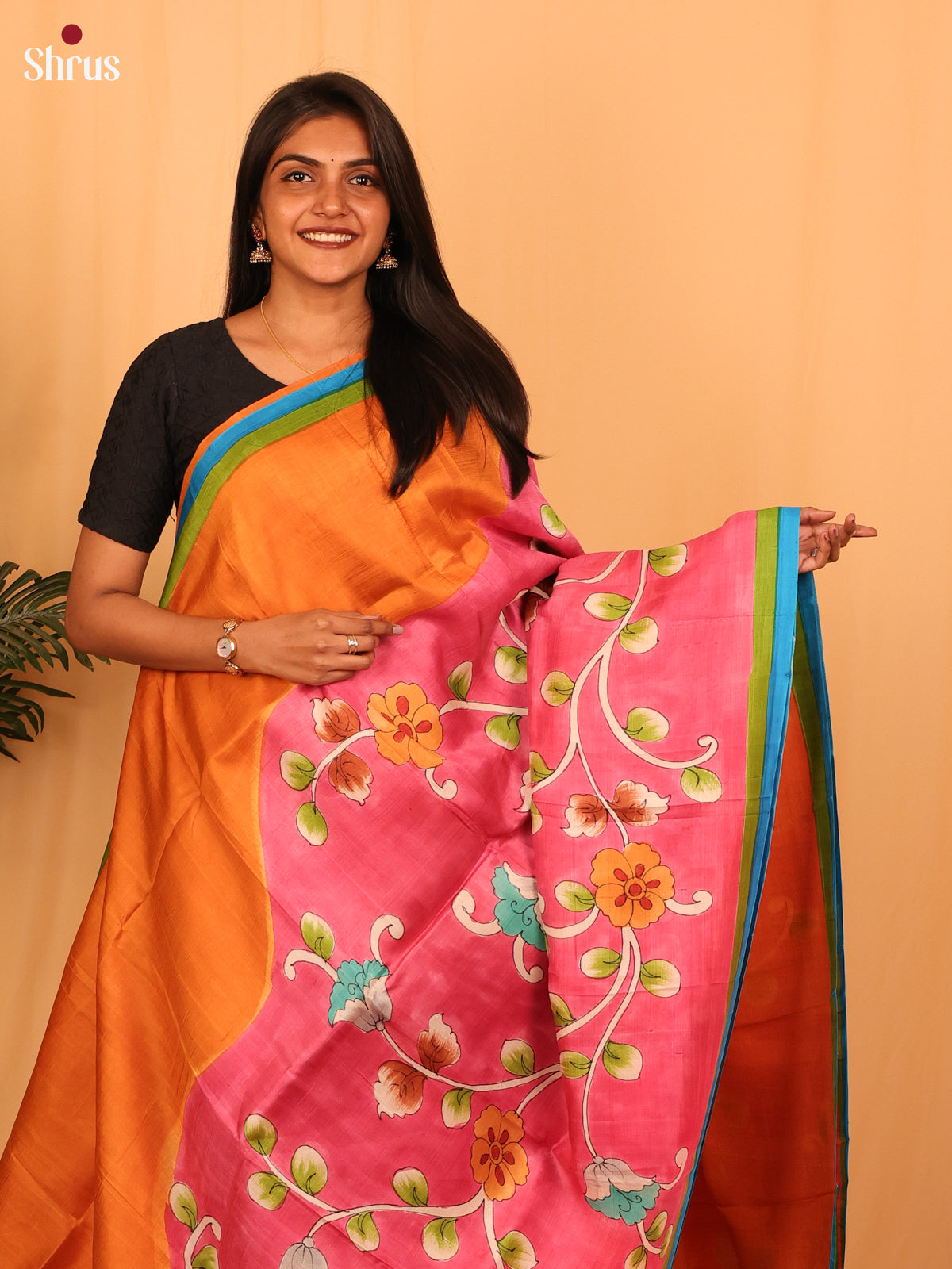 Orange & Pink - Murshidabad Silk Saree - Shop on Shrus.com