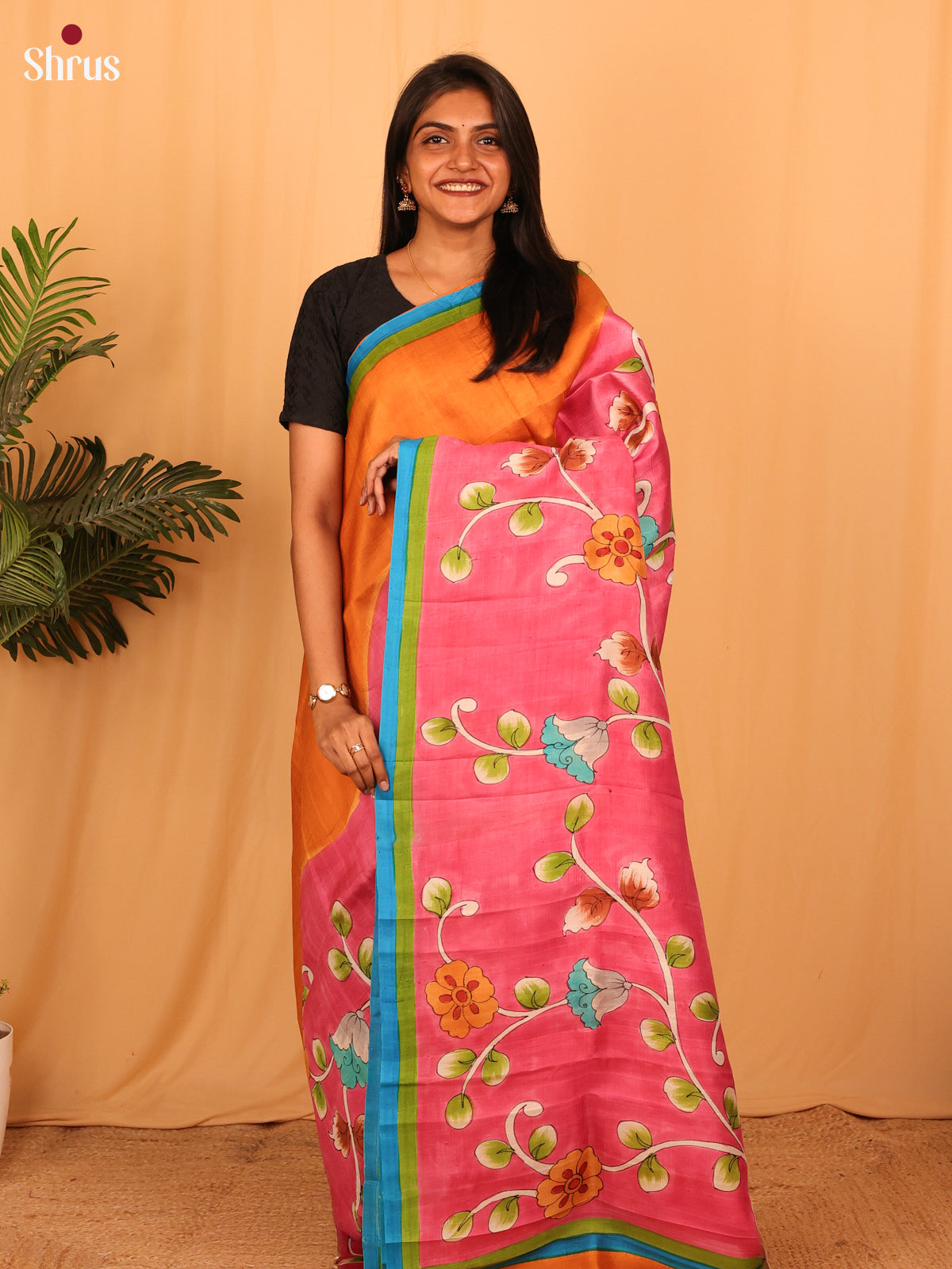 Orange & Pink - Murshidabad Silk Saree - Shop on Shrus.com