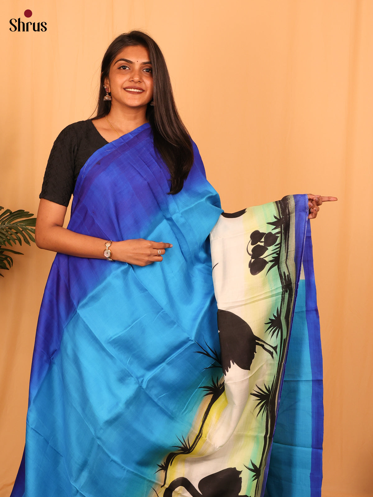 Blue & Cream - Murshidabad Silk Saree - Shop on Shrus.com