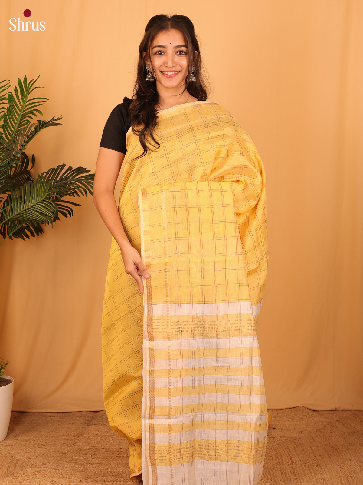 Yellow & Cream - Mangalagiri silkcotton Saree - Shop on Shrus.com
