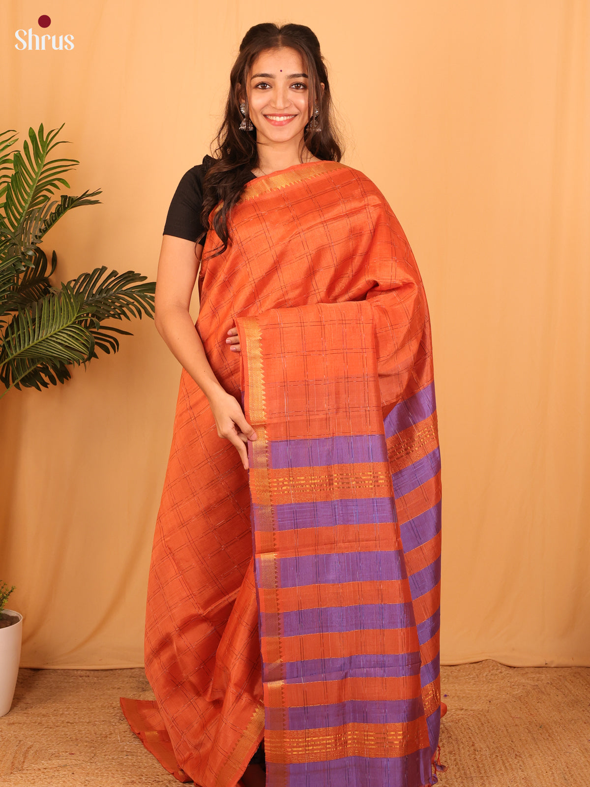 Orange & Purple- Mangalagiri silkcotton Saree - Shop on Shrus.com