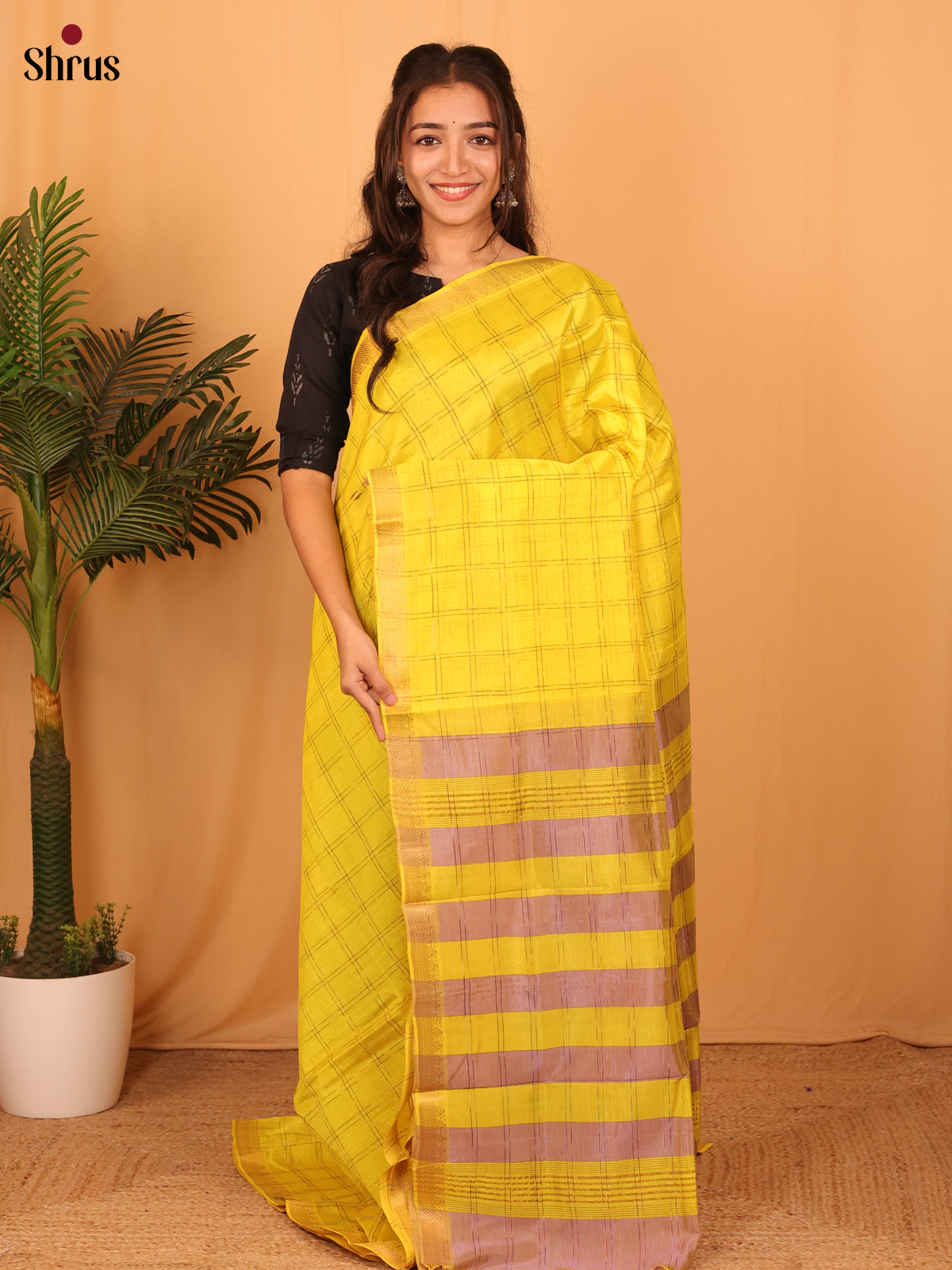Lemon Yellow & Peach - Mangalagiri silkcotton Saree - Shop on Shrus.com