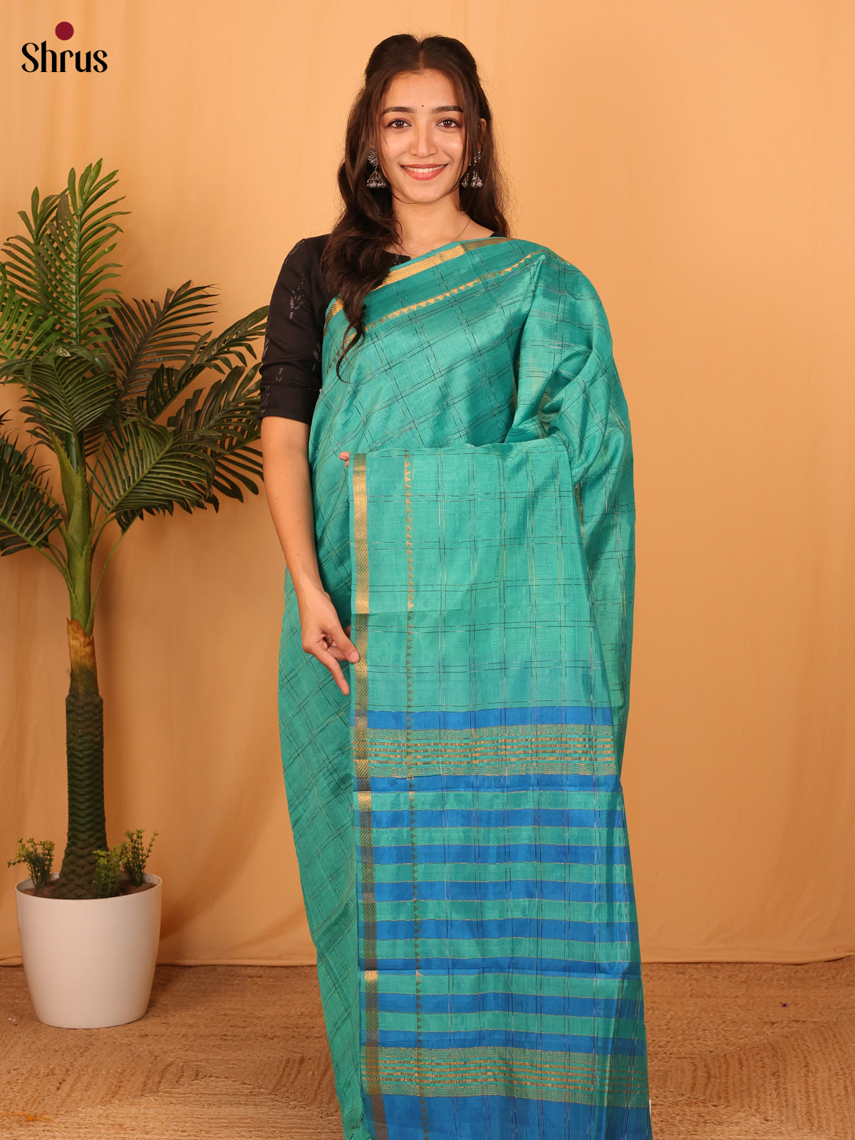 Green & Blue - Mangalagiri silkcotton Saree - Shop on Shrus.com