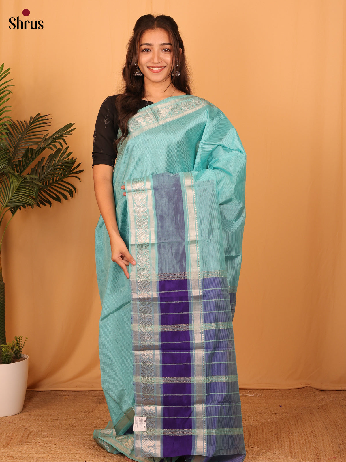 Aqua Blue & Violet - Mangalagiri silkcotton Saree - Shop on Shrus.com