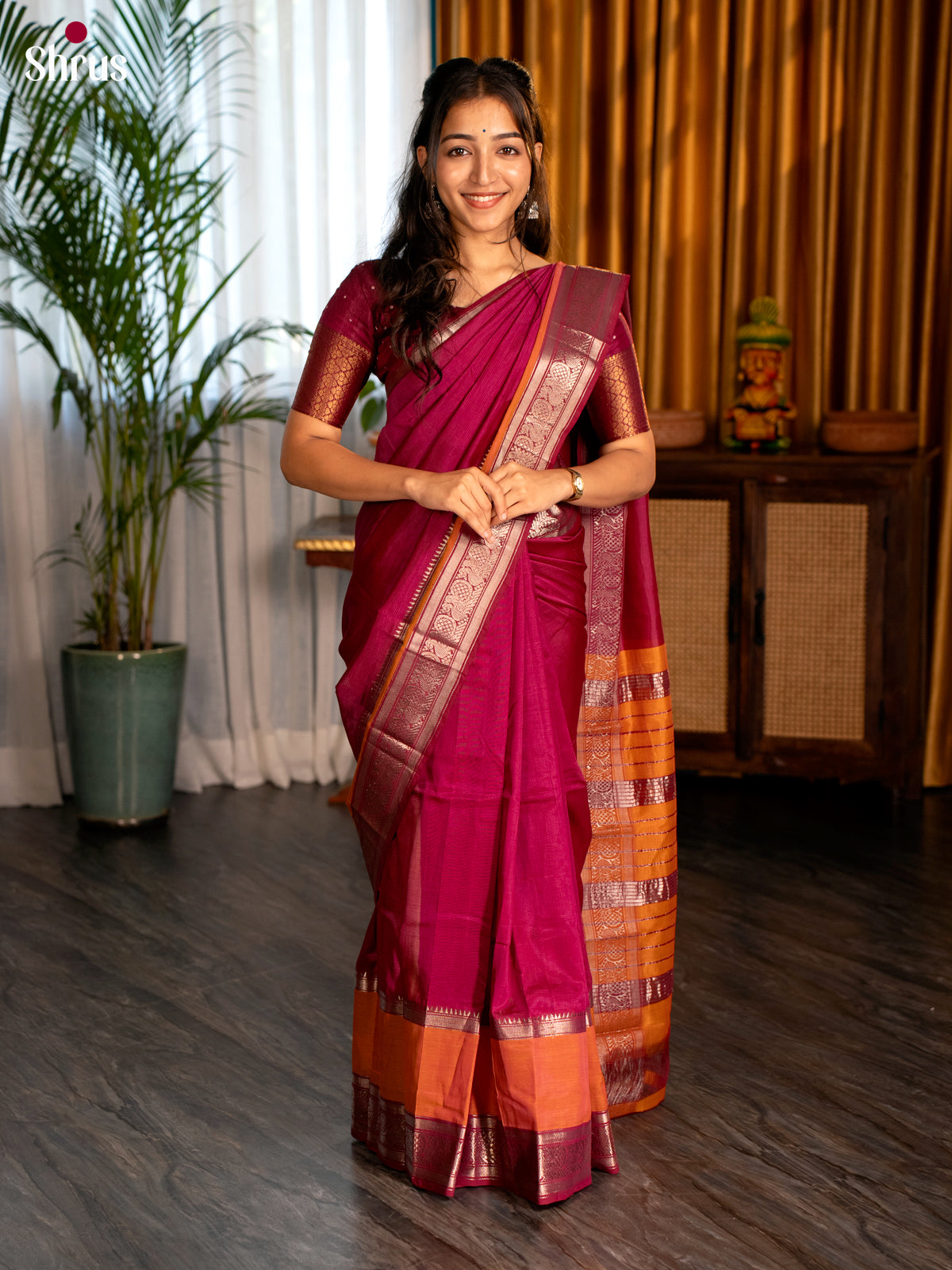 Majenta & Mustard - Mangalagiri silkcotton Saree with Silver Zari Border - Shop on Shrus.com