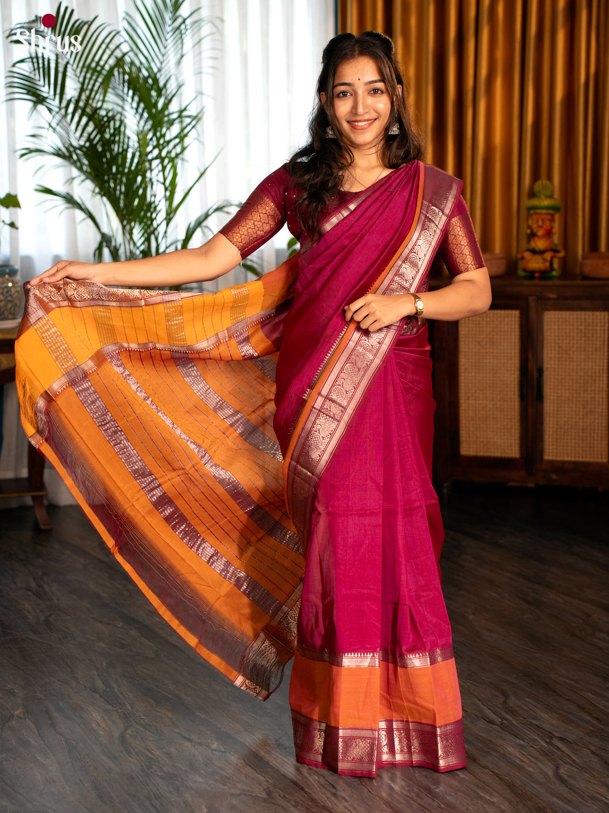 Majenta & Mustard - Mangalagiri silkcotton Saree with Silver Zari Border - Shop on Shrus.com