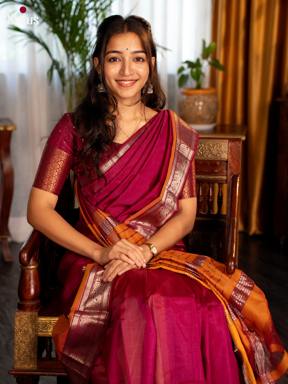 Majenta & Mustard - Mangalagiri silkcotton Saree with Silver Zari Border - Shop on Shrus.com