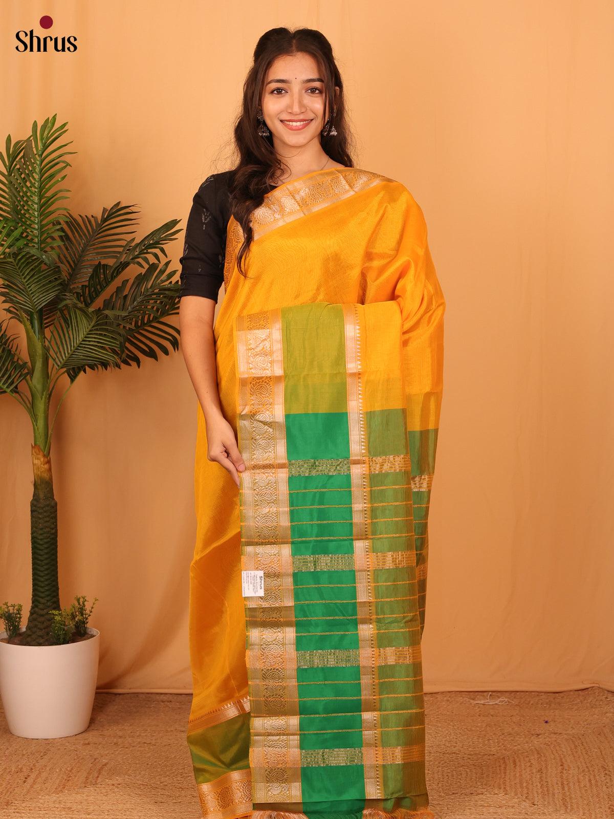 Mambazha Yellow & Green - Mangalagiri silkcotton Saree - Shop on Shrus.com