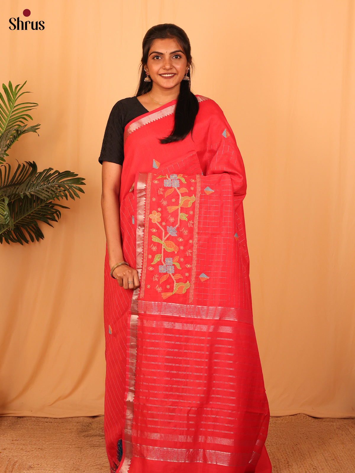 Red(single Tone)- Mangalagiri silkcotton Saree - Shop on Shrus.com