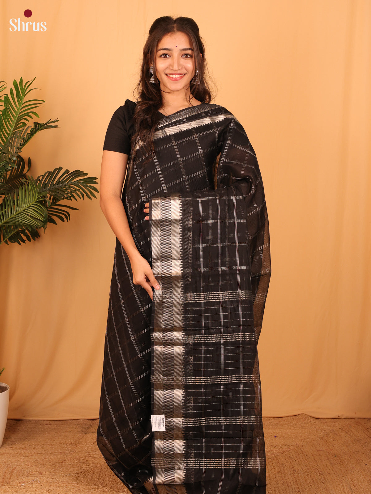 Graceful Black Mangalagiri Silk Cotton Saree with Silver Zari Checks