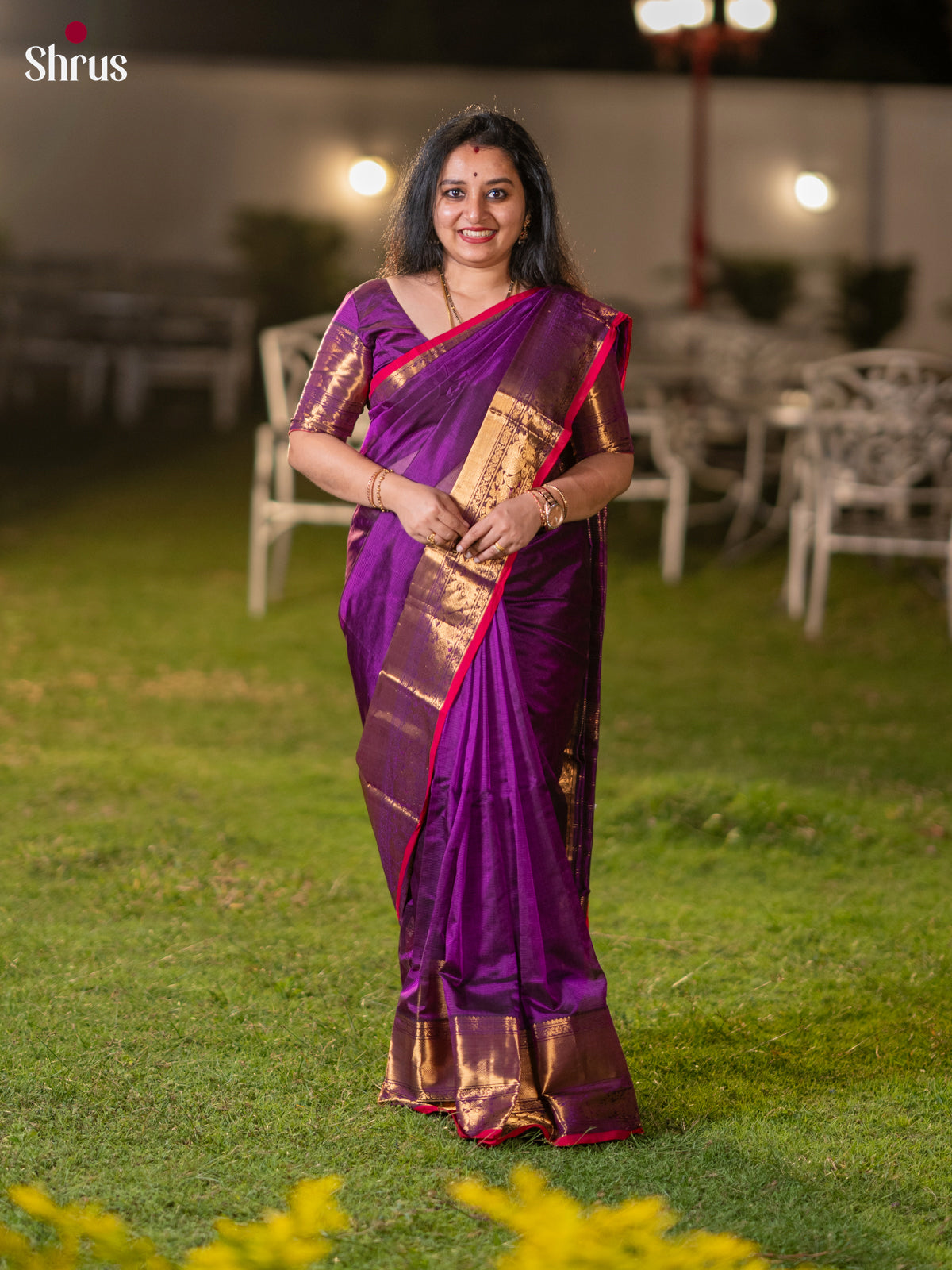 Violet & Pink - Mangalagiri silkcotton Saree with Gold Zari Border - Shop on Shrus.com
