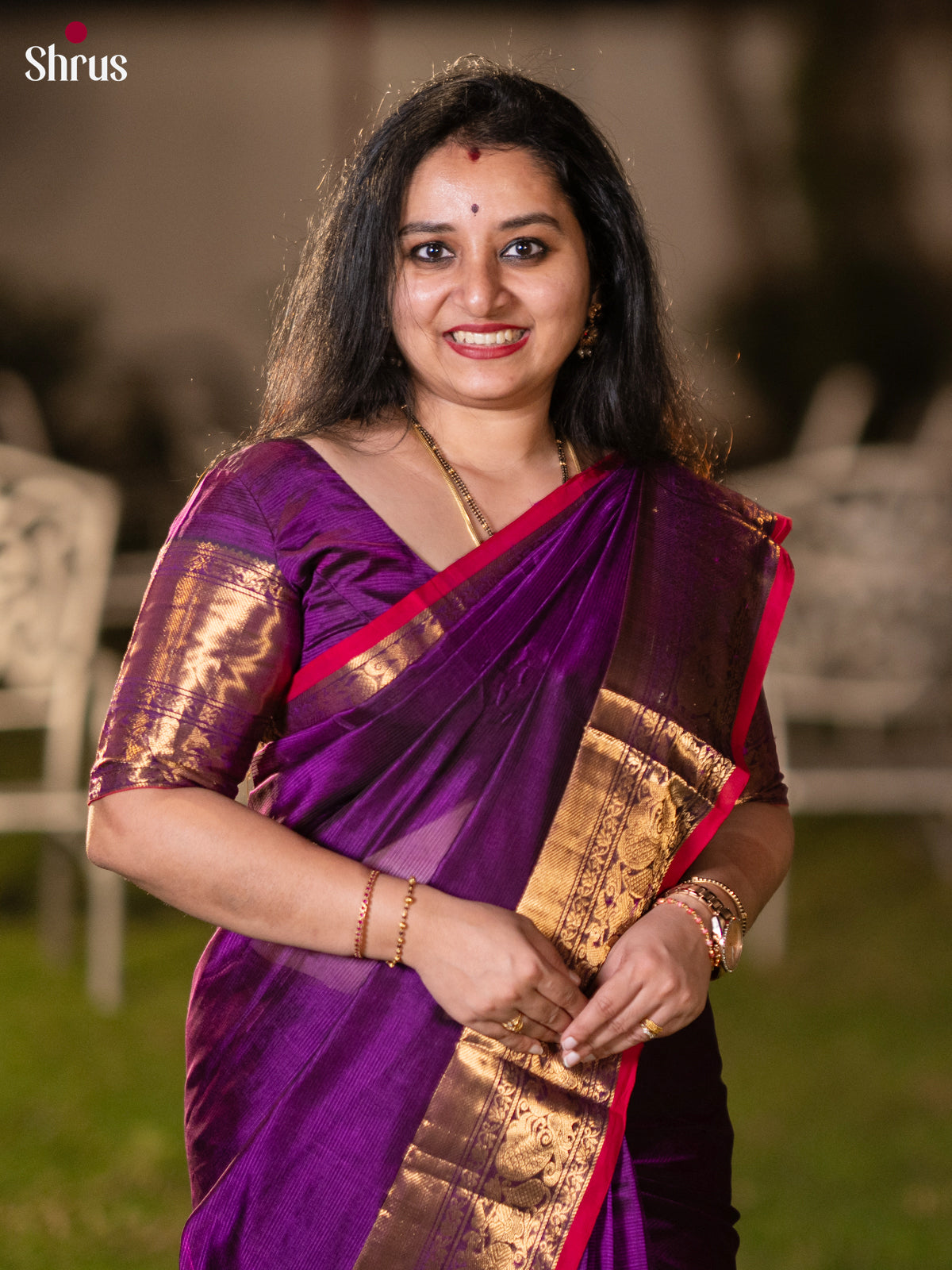 Violet & Pink - Mangalagiri silkcotton Saree with Gold Zari Border - Shop on Shrus.com