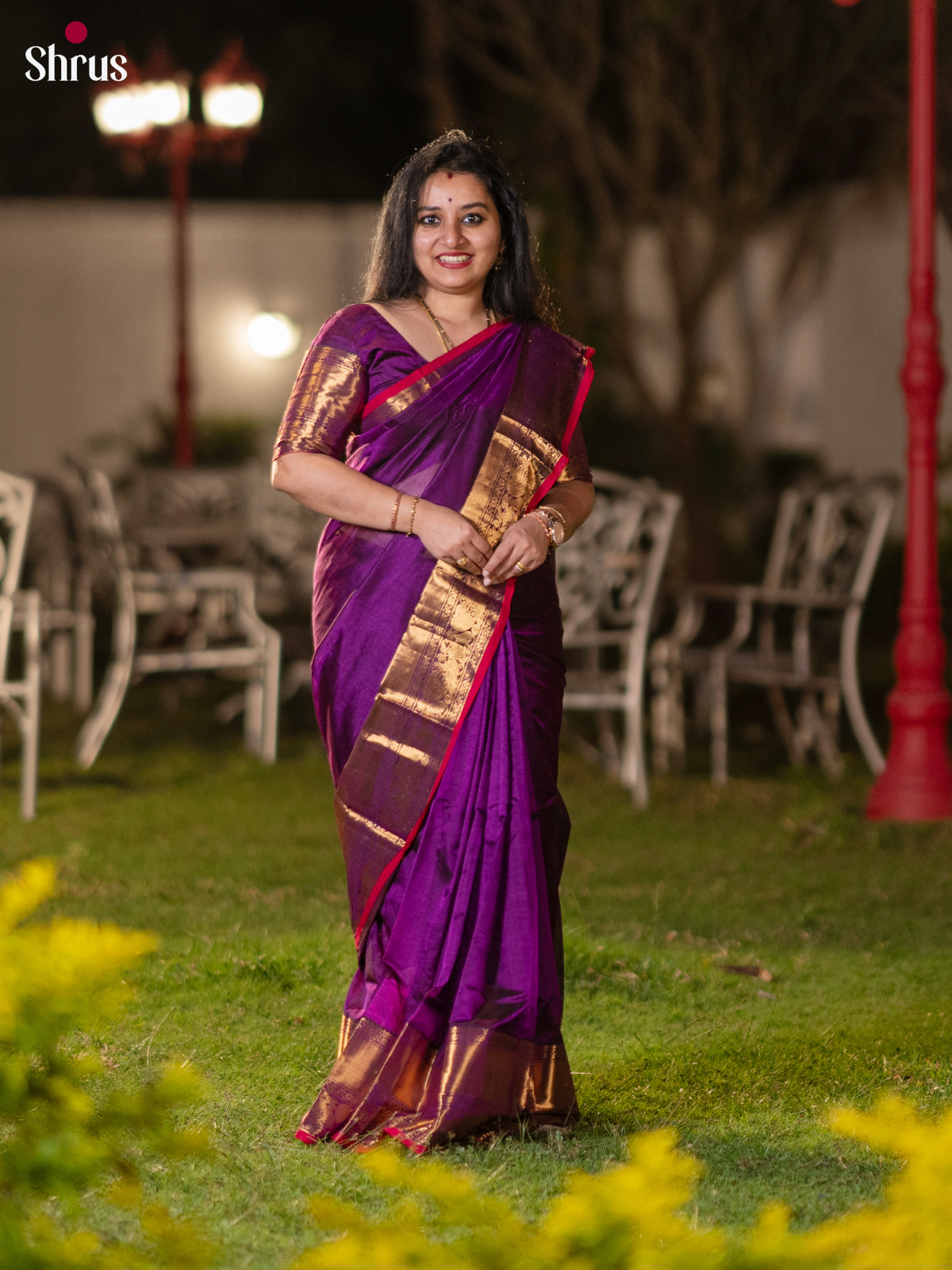 Violet & Pink - Mangalagiri silkcotton Saree with Gold Zari Border - Shop on Shrus.com