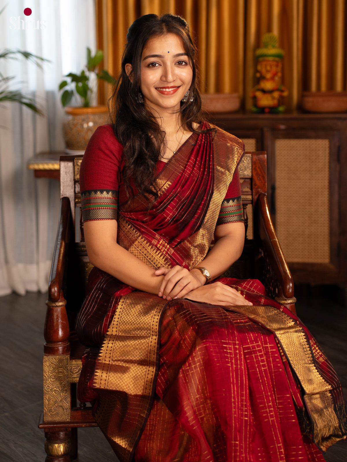 Maroon(Single Tone) - Mangalagiri silkcotton Saree with Gold Zari Border - Shop on Shrus.com