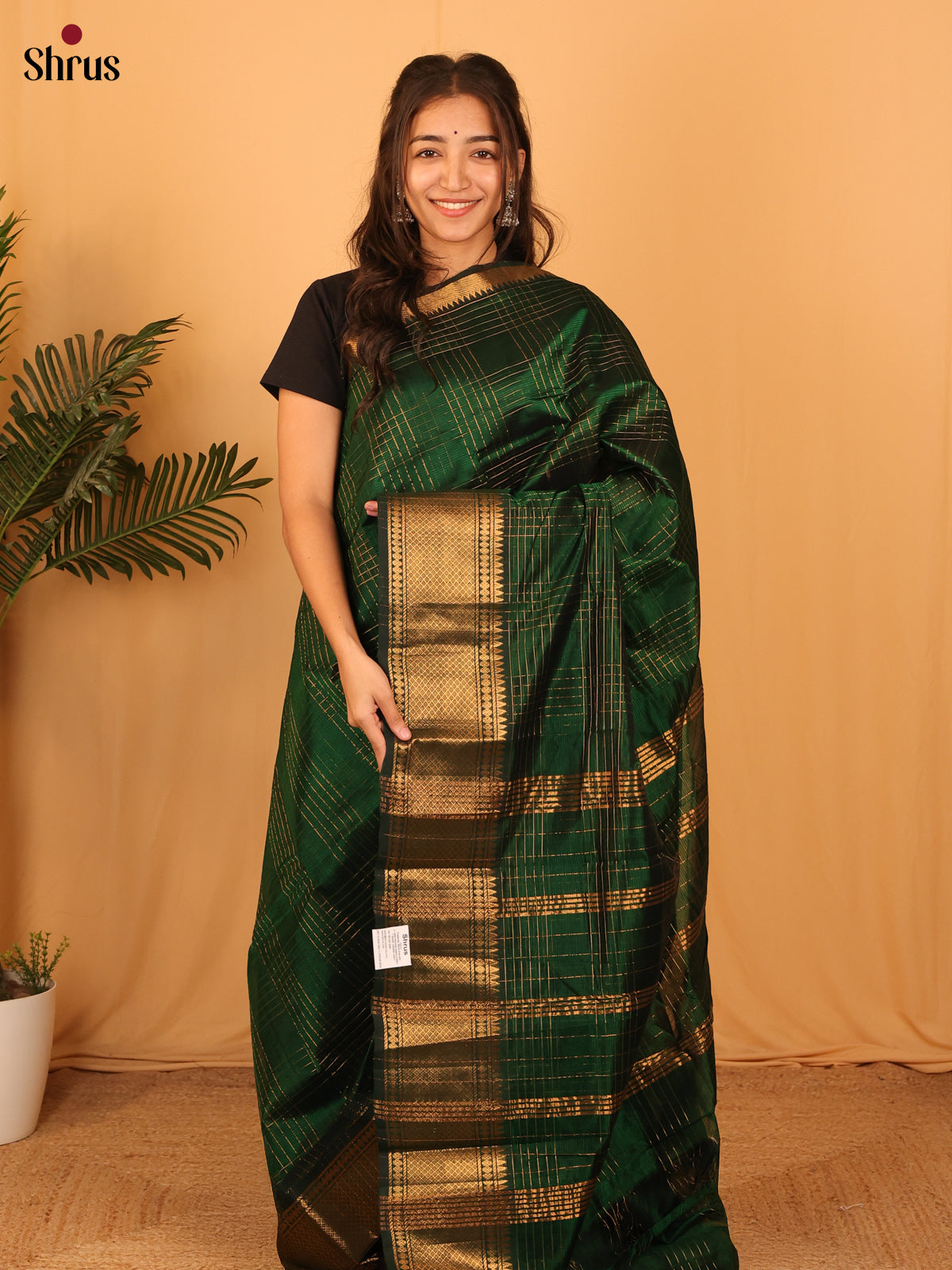 Green(Single Tone) - Mangalagiri silkcotton Saree with Gold Zari Border - Shop on Shrus.com