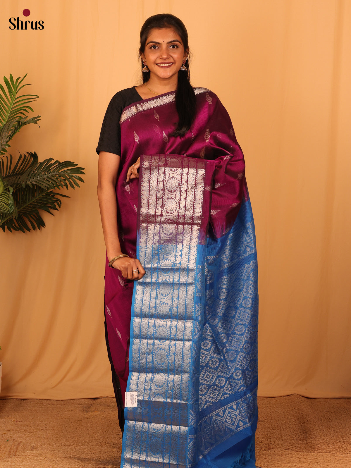 Wine & Blue - Mangalagiri silkcotton Saree - Shop on Shrus.com