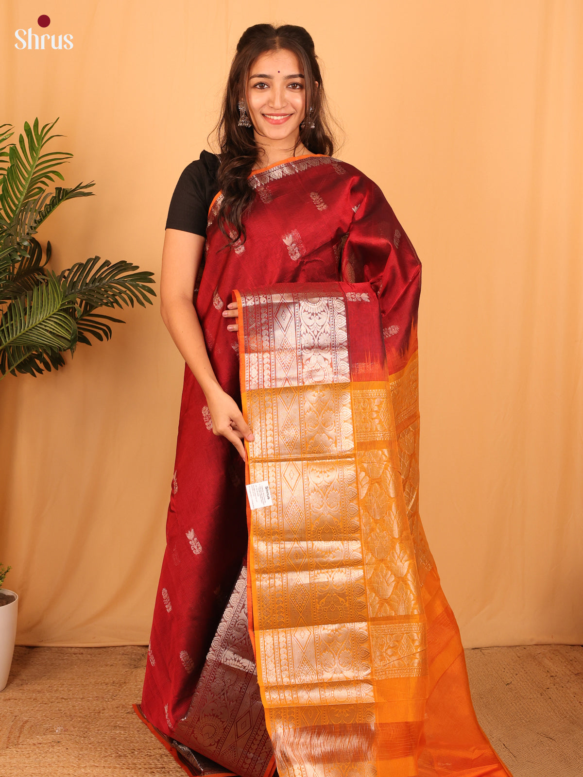 Maroon & Orange - Mangalagiri silkcotton Saree - Shop on Shrus.com