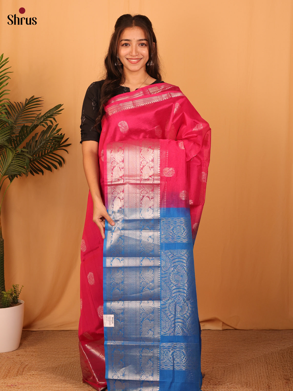 Reddish Pink & Blue- Mangalagiri silkcotton Saree - Shop on Shrus.com
