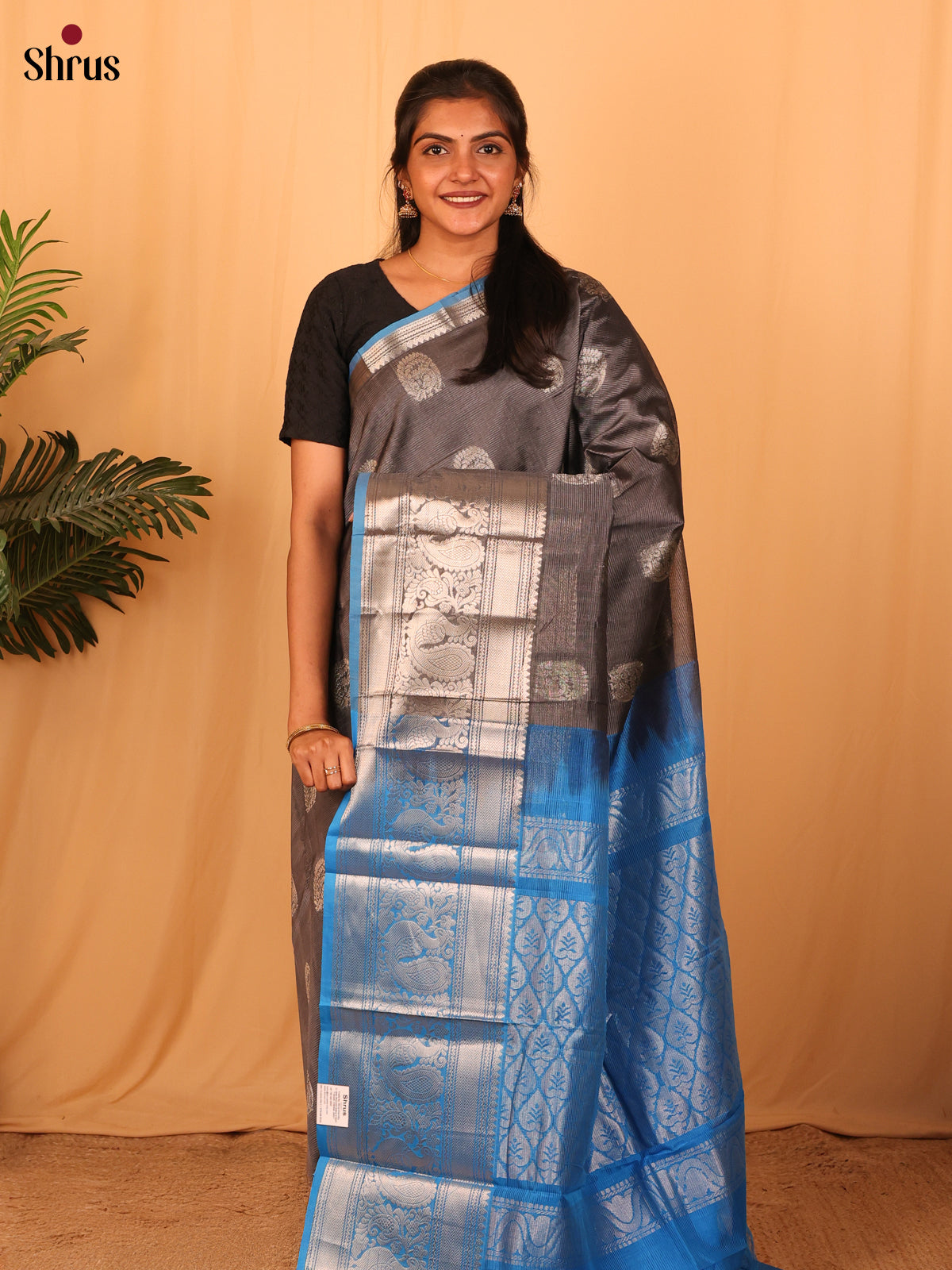 Elegant Grey and Blue Mangalagiri Silk Cotton Saree with Silver Zari Buttas - Shop on Shrus.com