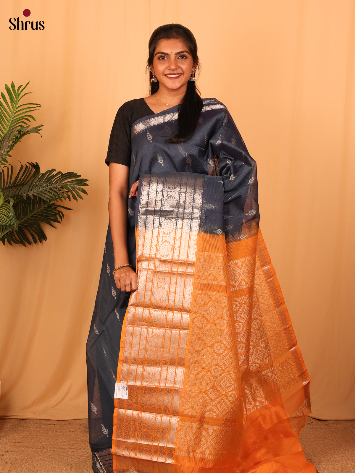 Mystique Black and Orange Mangalagiri Silk Cotton Saree with Silver Zari Buttas