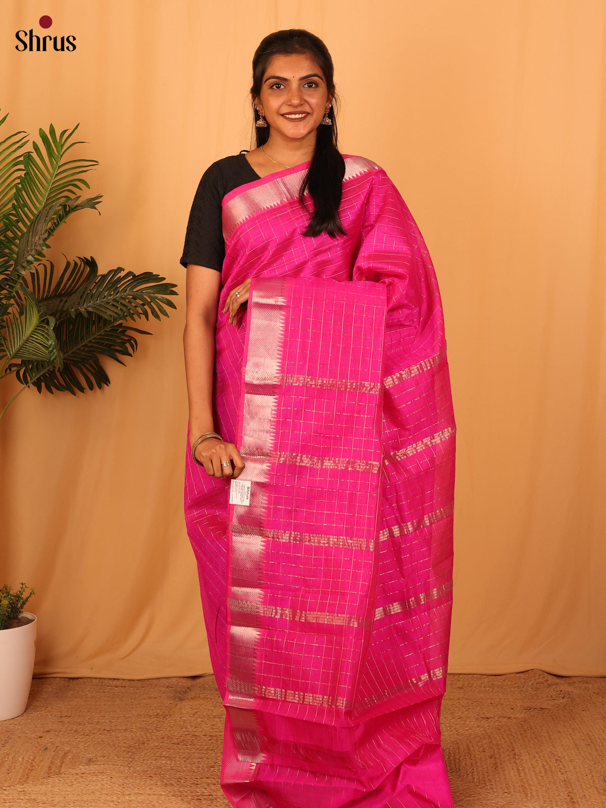 Rosy Pink Mangalagiri Silk Cotton Saree with Golden Zari Checks & Brocade Pallu