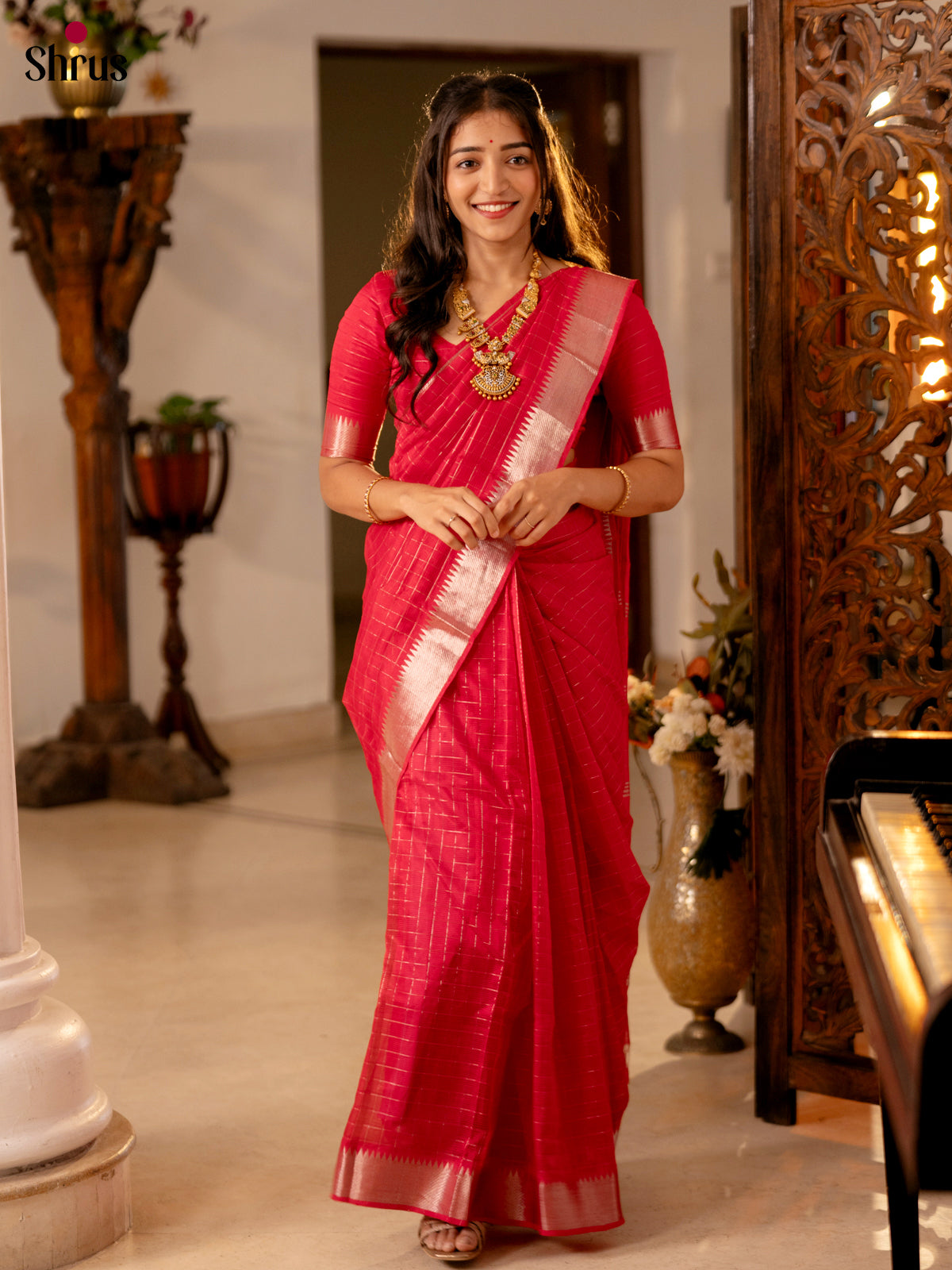 Red(single Tone) - Mangalagiri silkcotton Saree with Silver Zari Border - Shop on Shrus.com