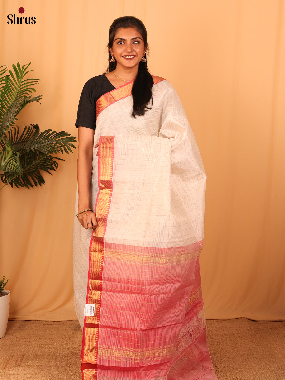 Subtle Cream & Red Mangalagiri Silk Cotton Saree with Golden Zari Accents - Shop on Shrus.com