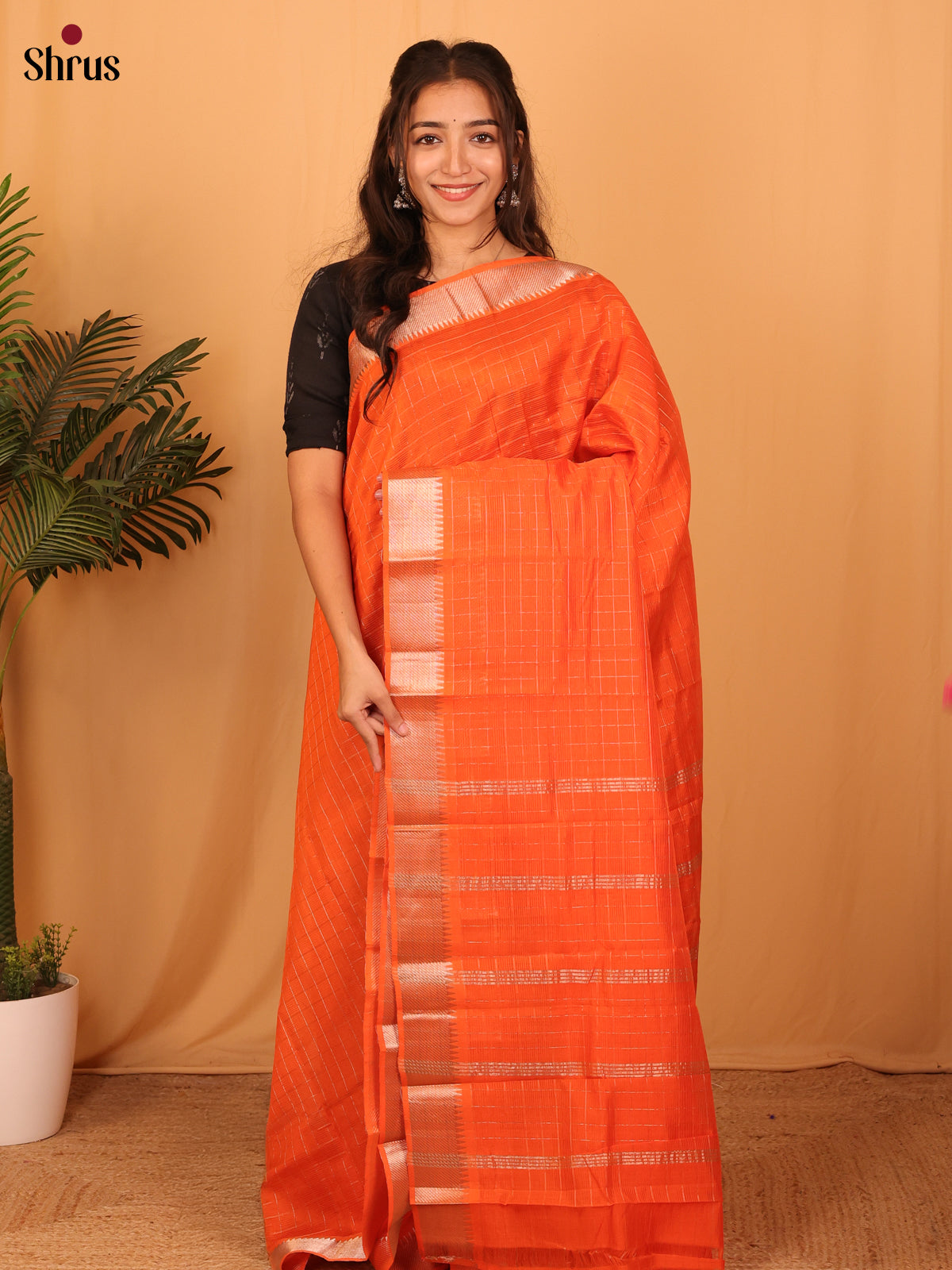 Orange(single Tone)- Mangalagiri silkcotton Saree - Shop on Shrus.com
