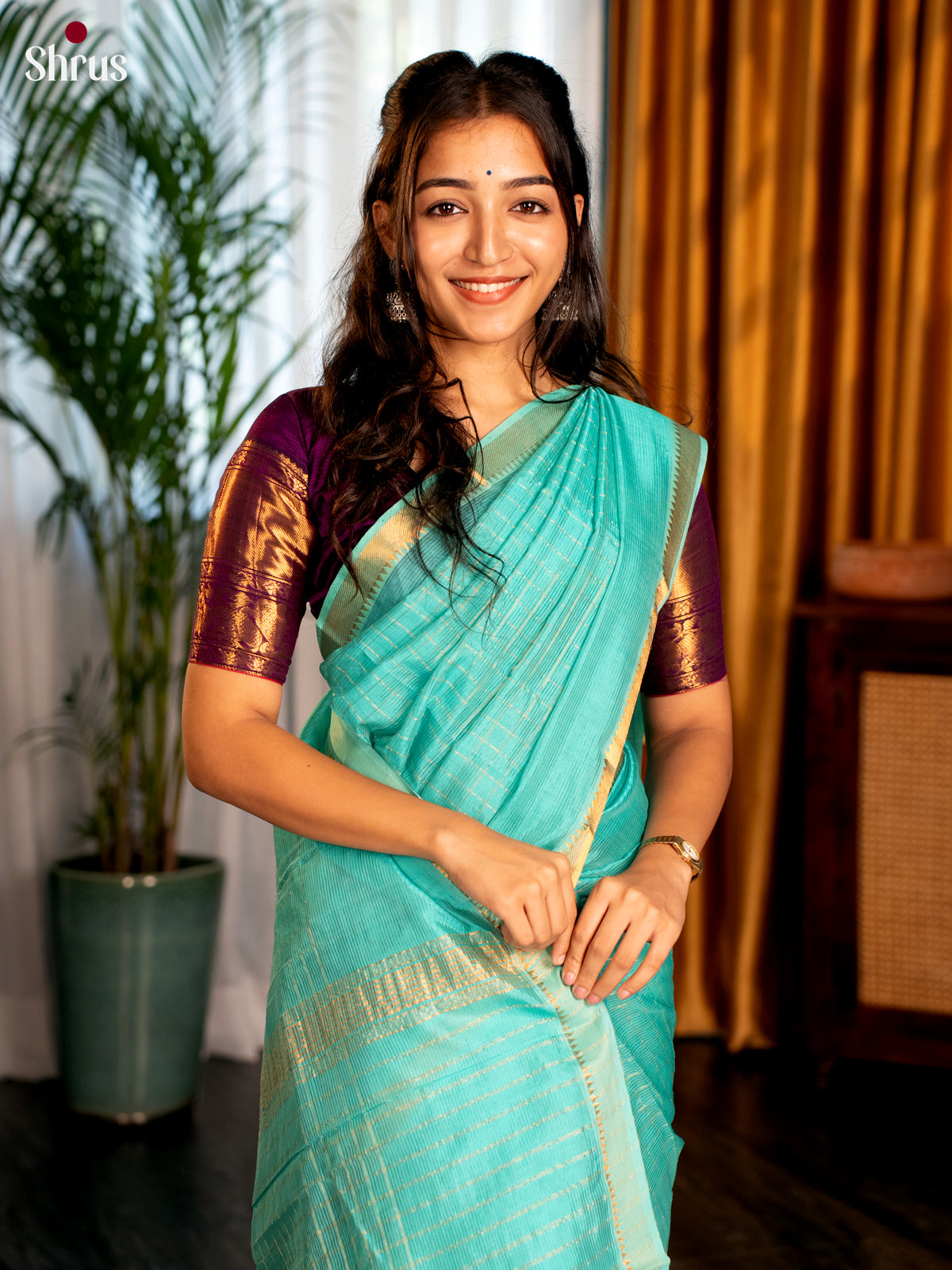 Aqua Blue(single Tone) - Mangalagiri silkcotton Saree with Gold Zari Border - Shop on Shrus.com