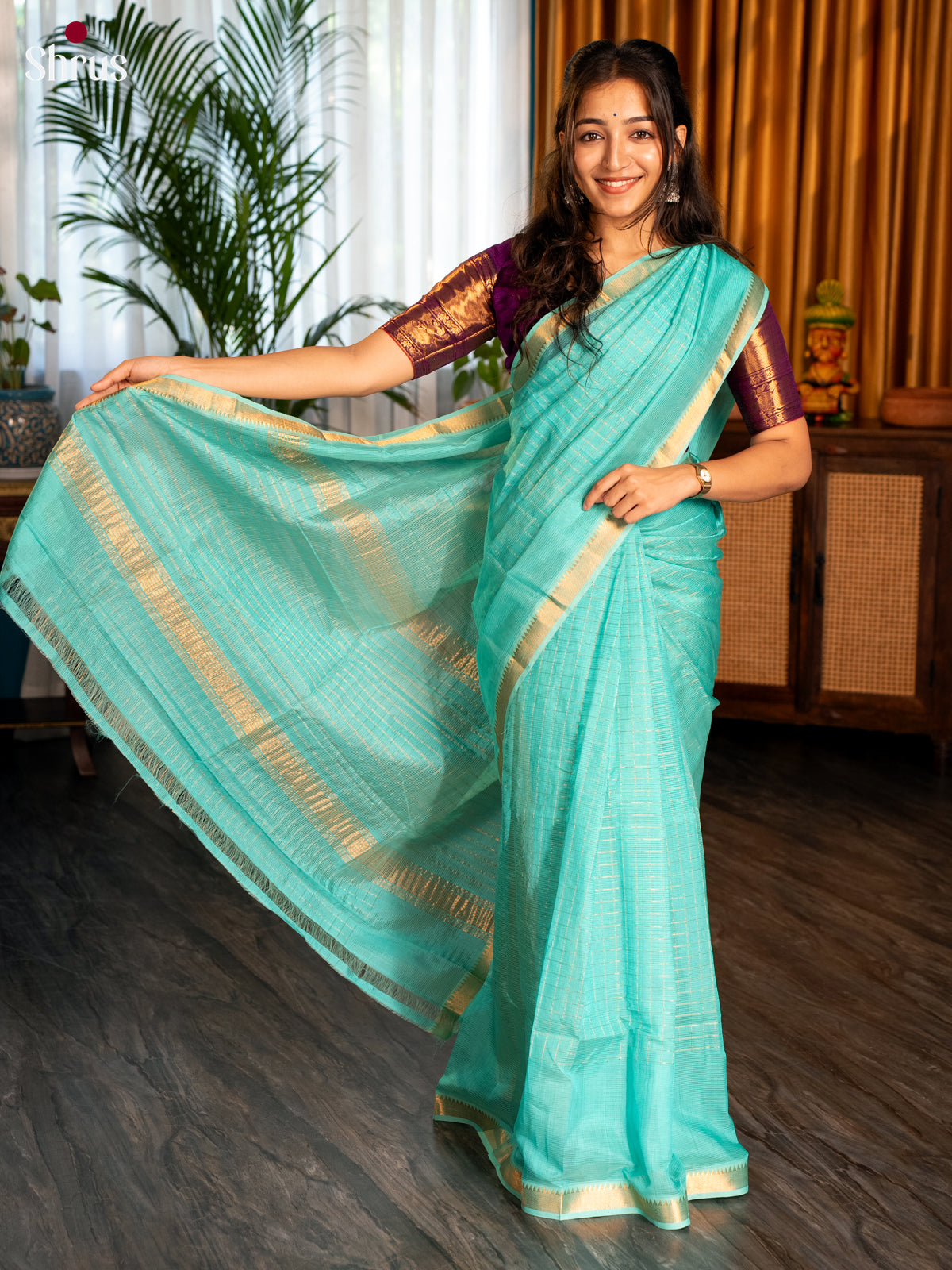 Aqua Blue(single Tone) - Mangalagiri silkcotton Saree with Gold Zari Border - Shop on Shrus.com