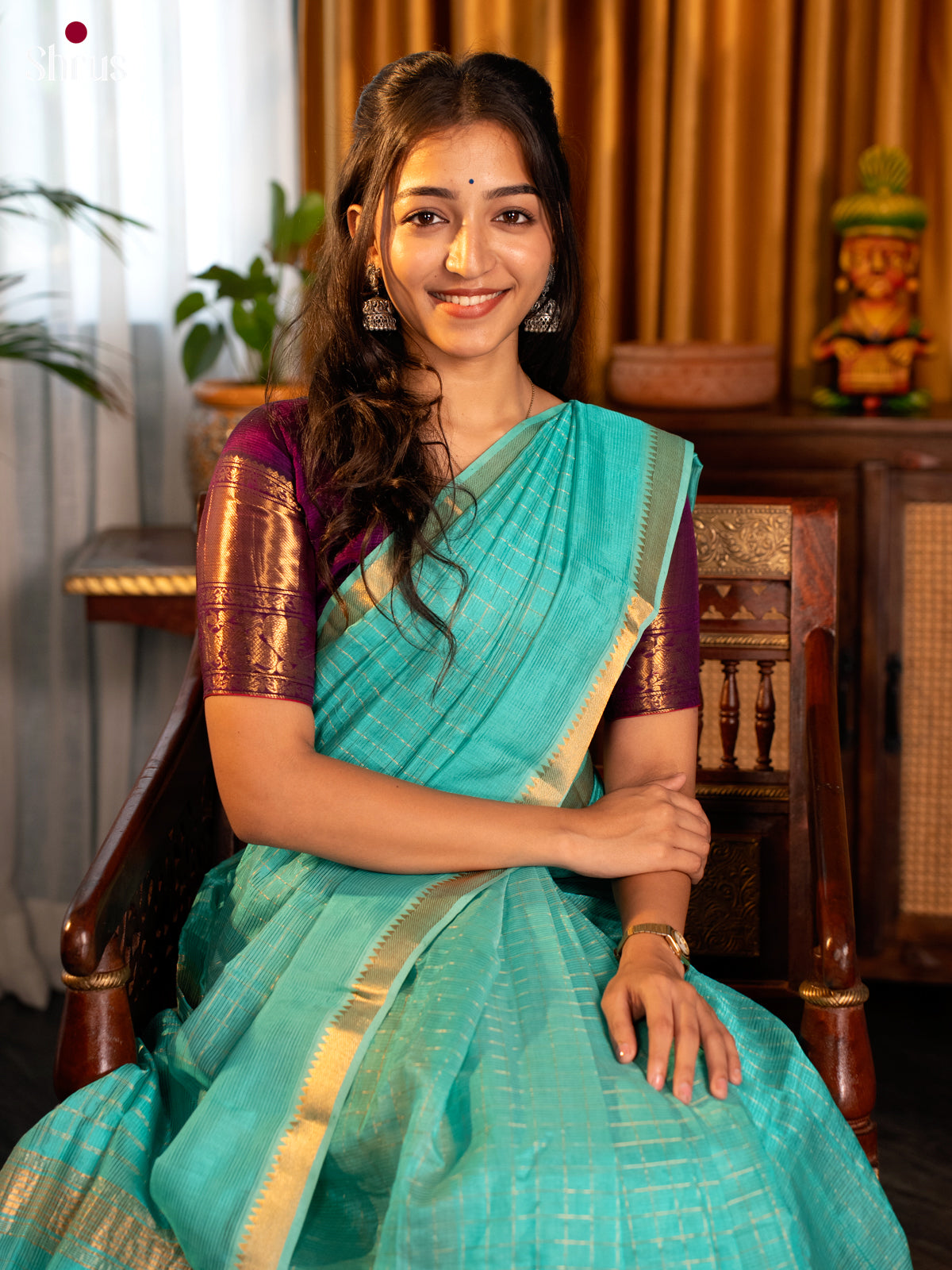 Aqua Blue(single Tone) - Mangalagiri silkcotton Saree with Gold Zari Border - Shop on Shrus.com