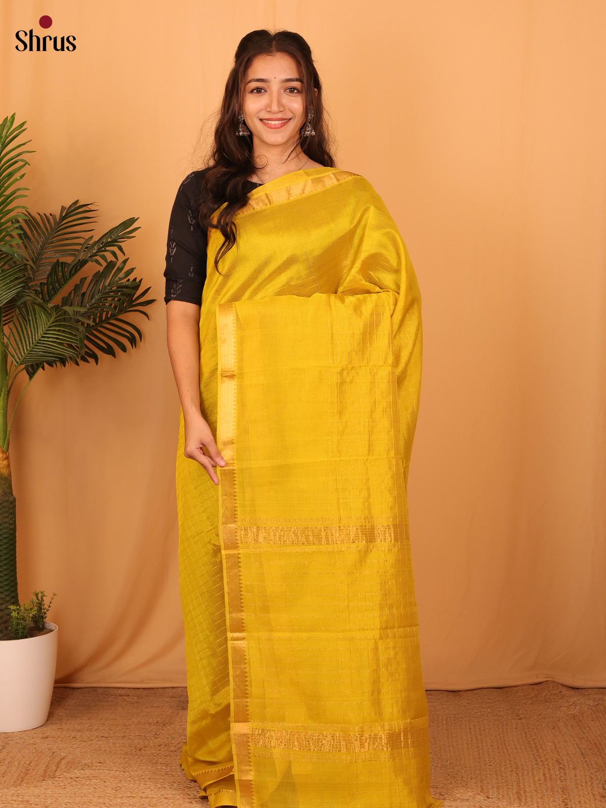 Yellow(Single Tone) - Mangalagiri silkcotton Saree - Shop on Shrus.com