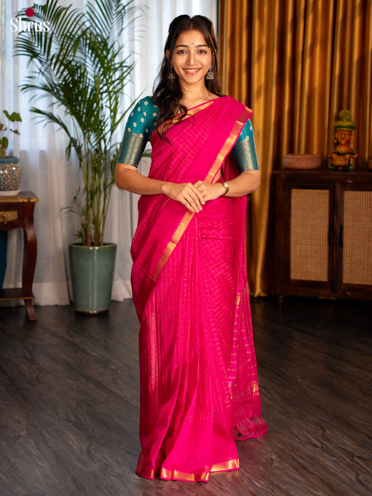 Pink(single Tone) - Mangalagiri silkcotton Saree with Gold Zari Border - Shop on Shrus.com